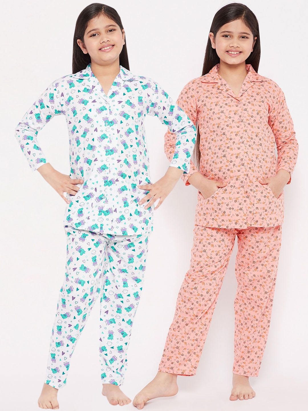 

KYDZI Girls Multicoloured Set of 2 Printed Cotton Night suit, Multi