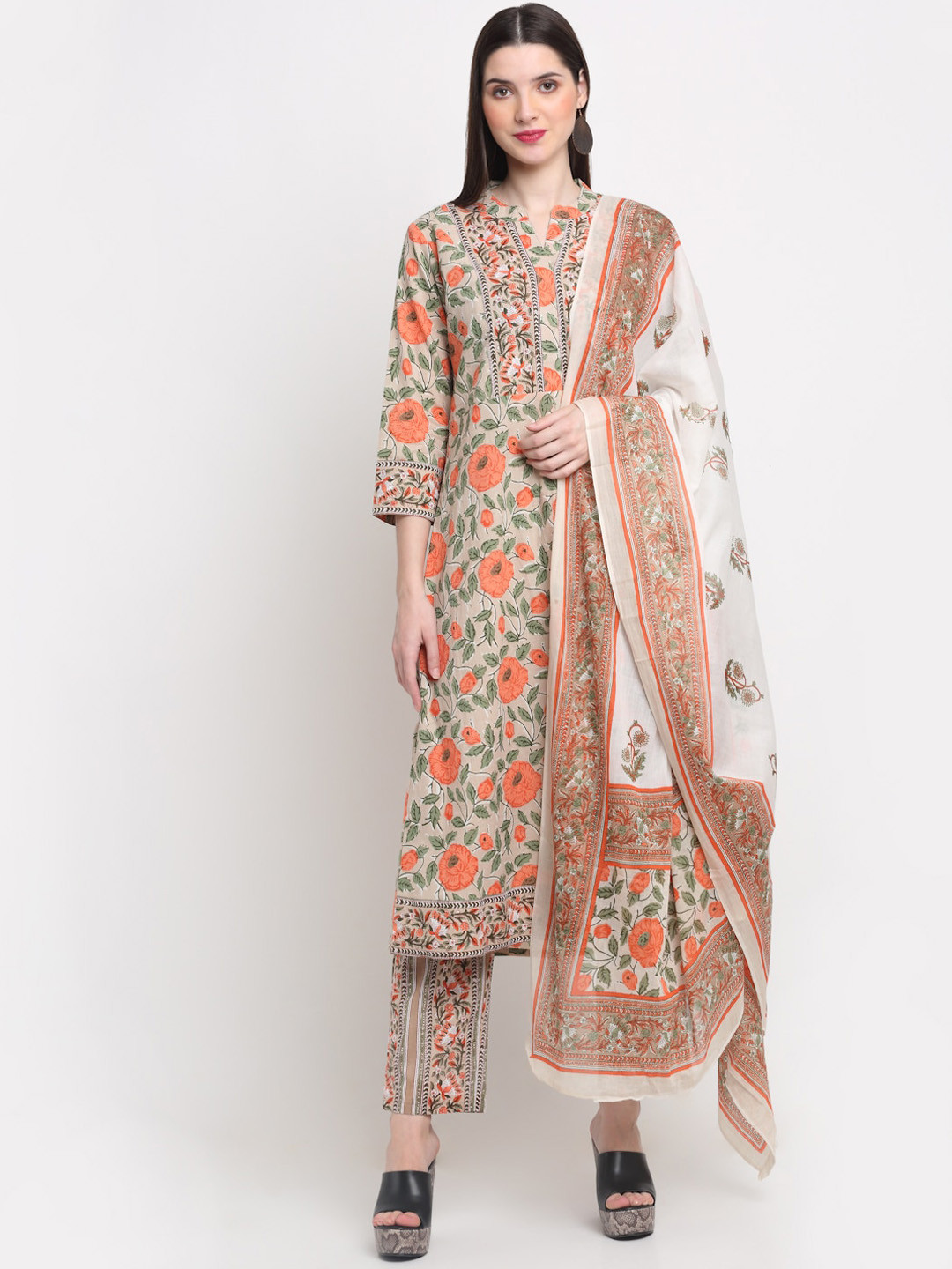 

KALINI Women Beige Floral Printed Pure Cotton Kurta Set