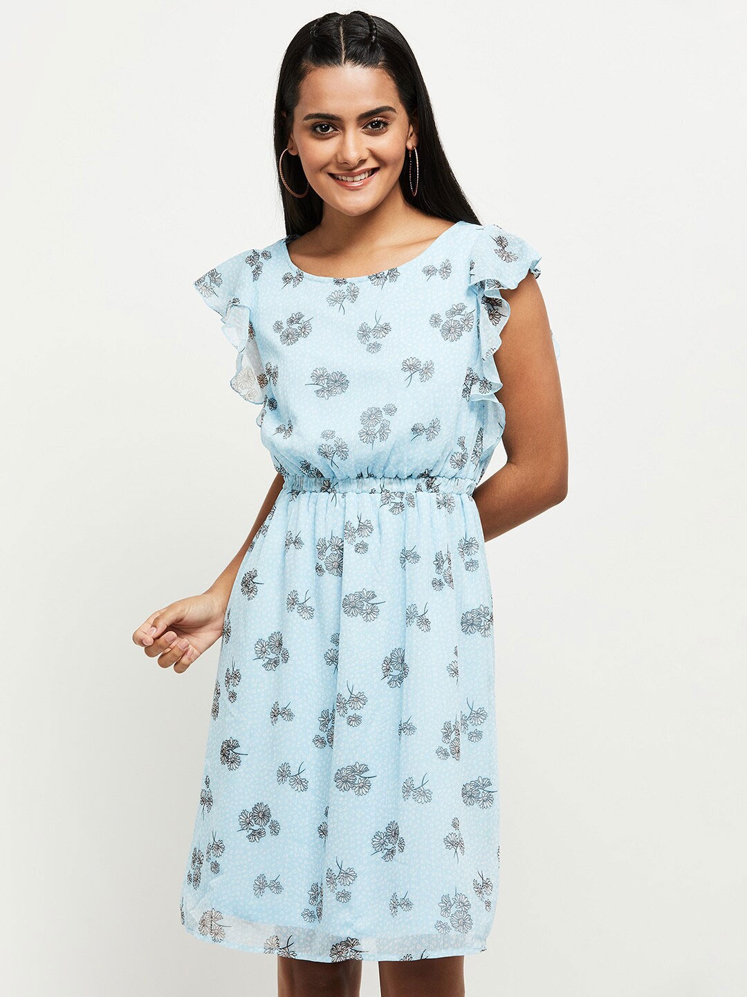 

max Women Blue Floral Printed Flutter Sleeves Dress