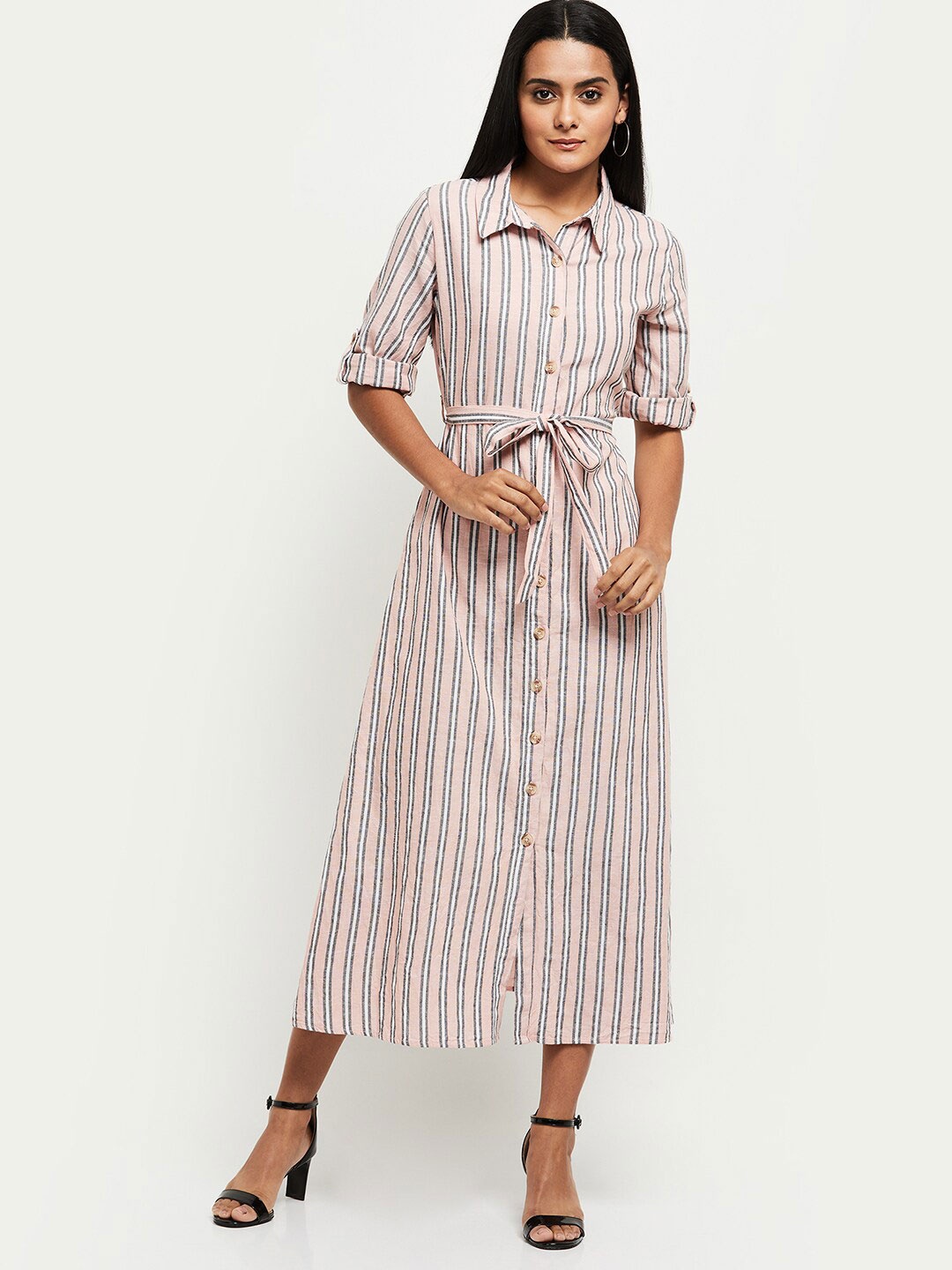 

max Pink Striped Shirt Midi Dress