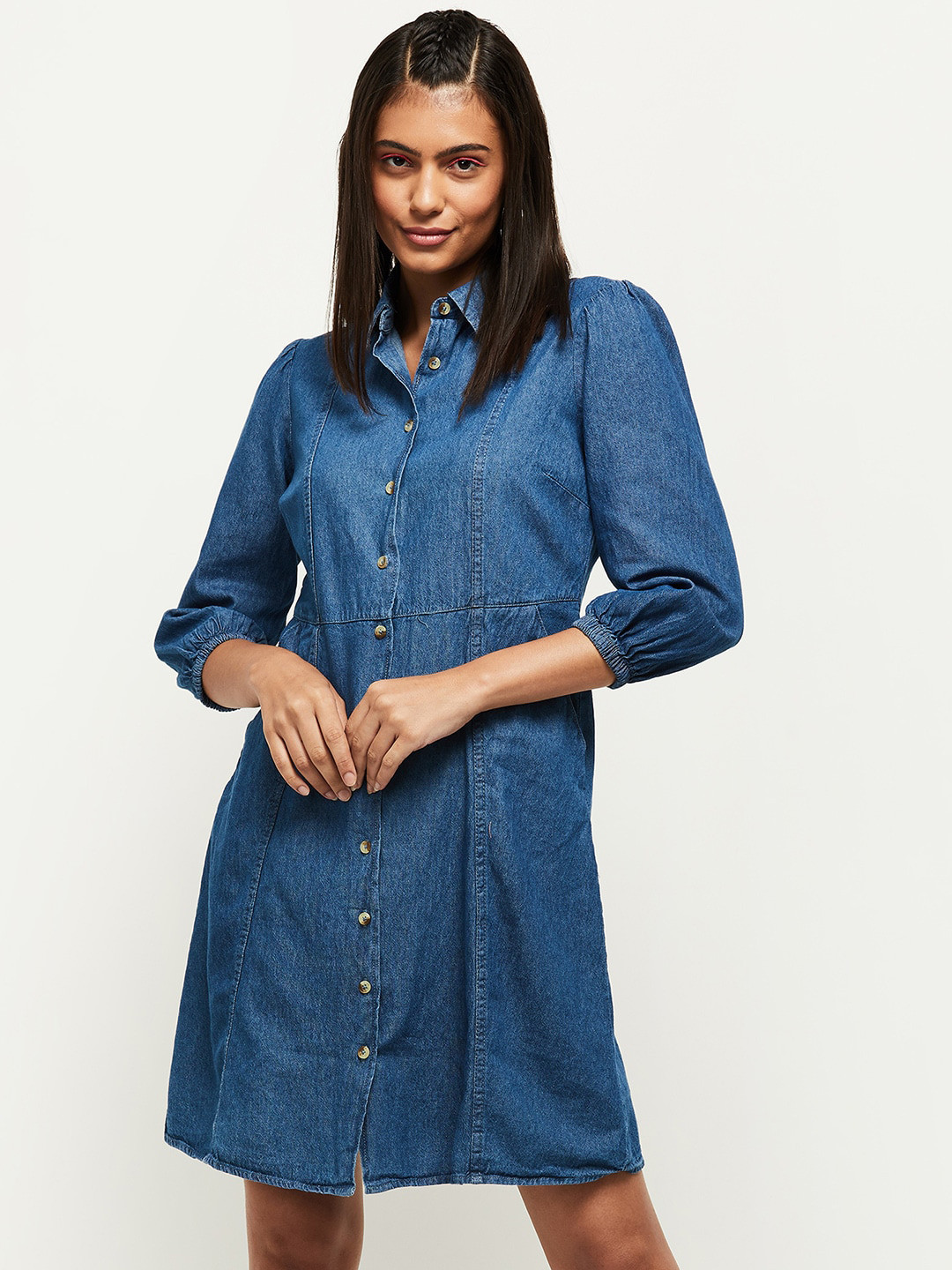 

max Women Blue Solid Shirt Dress