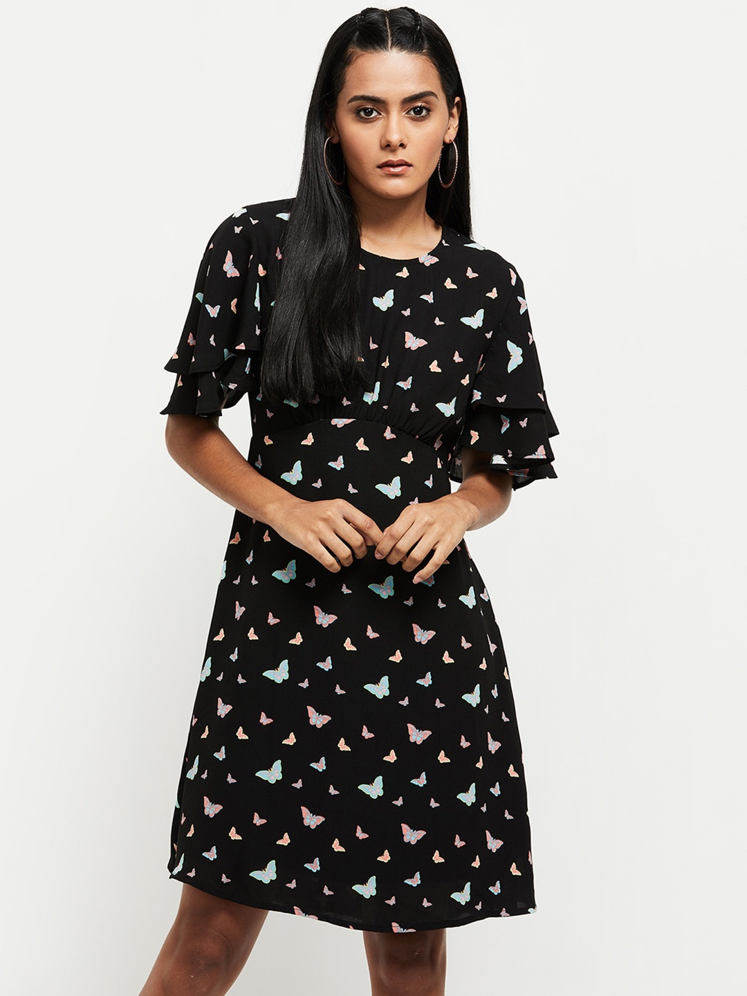 

max Black Floral Layered Sleeves Fit & Flare Dress