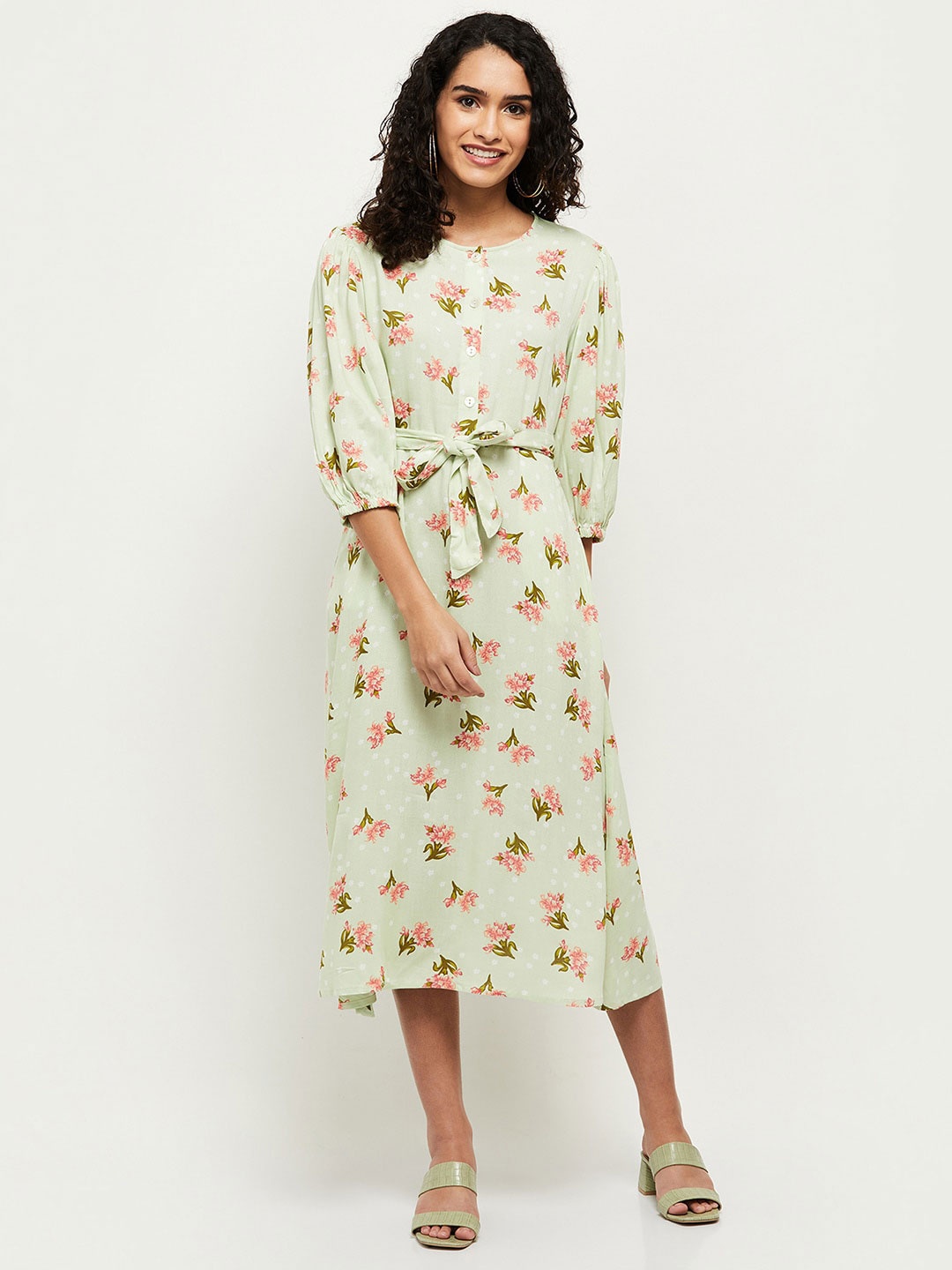 

max Green Floral A-Line Midi Dress With a Tie up Detail