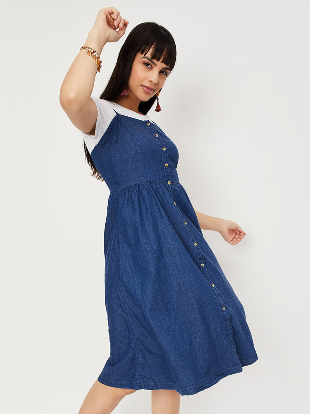 

max Navy Blue Pinafore Pure Cotton Midi Dress