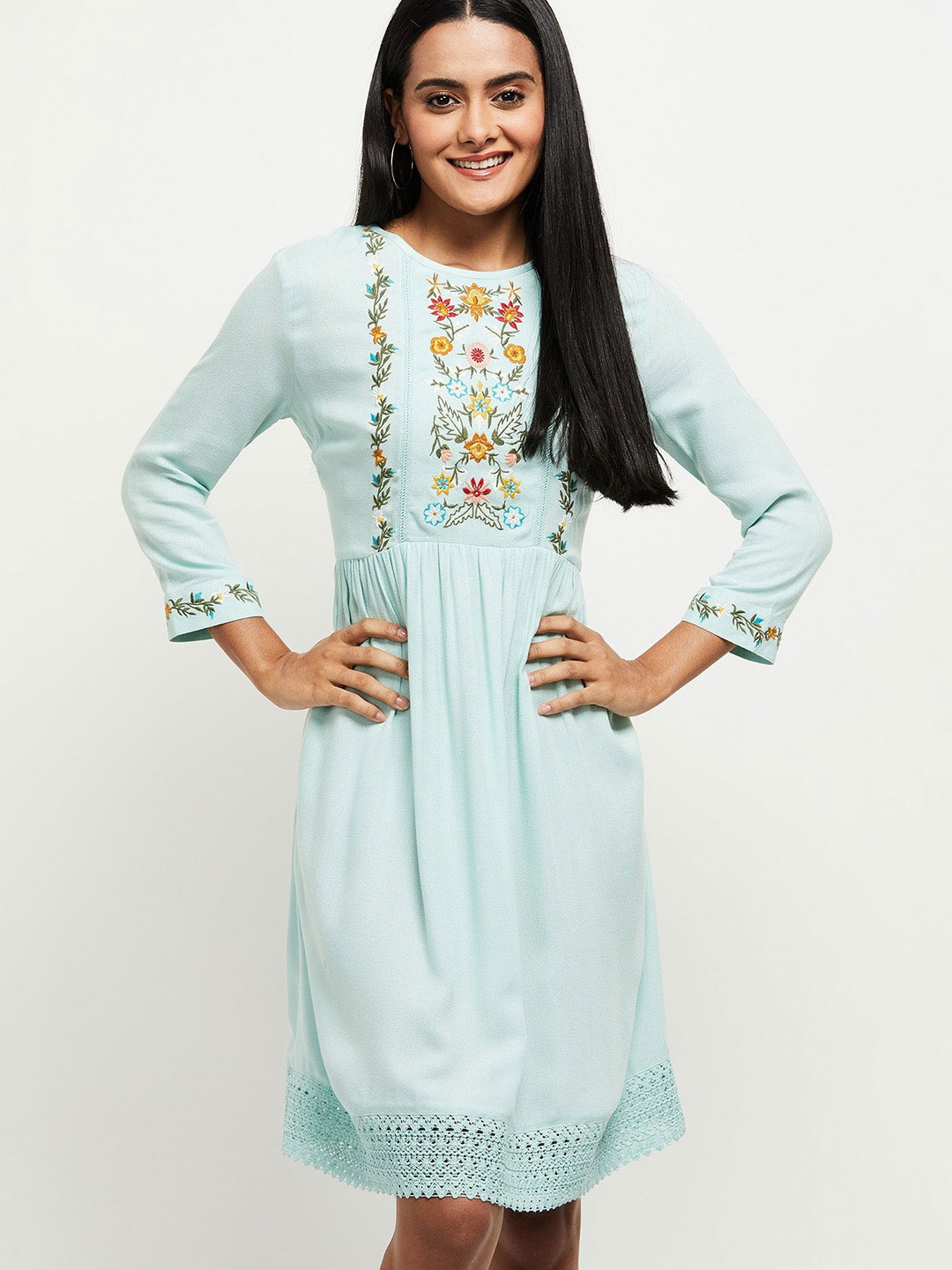 

max Blue & Yellow Floral Embroidered Empire Midi Dress