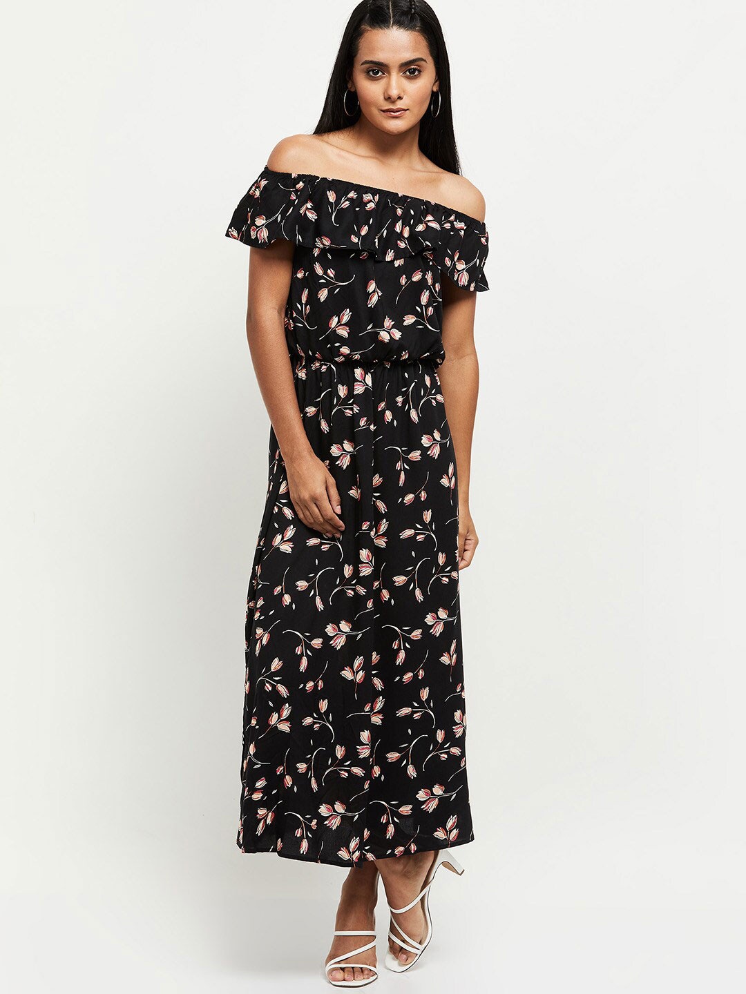 

max Women Black Floral Off-Shoulder Maxi Dress