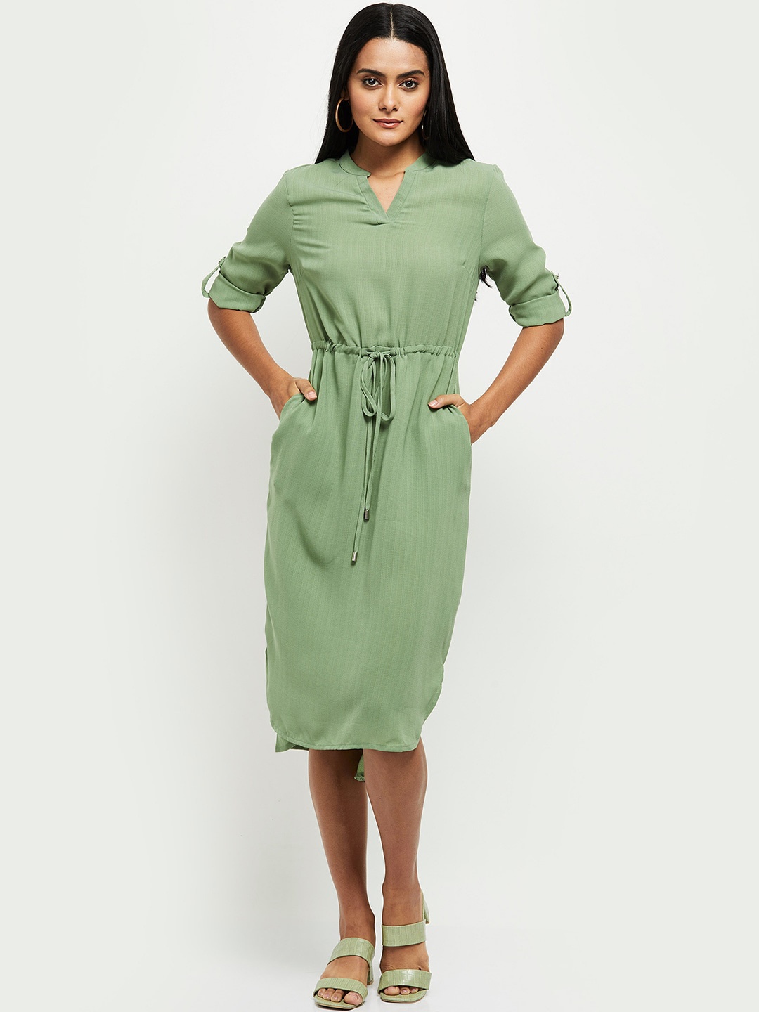 

max Solid Green V Neck Shirt Dress