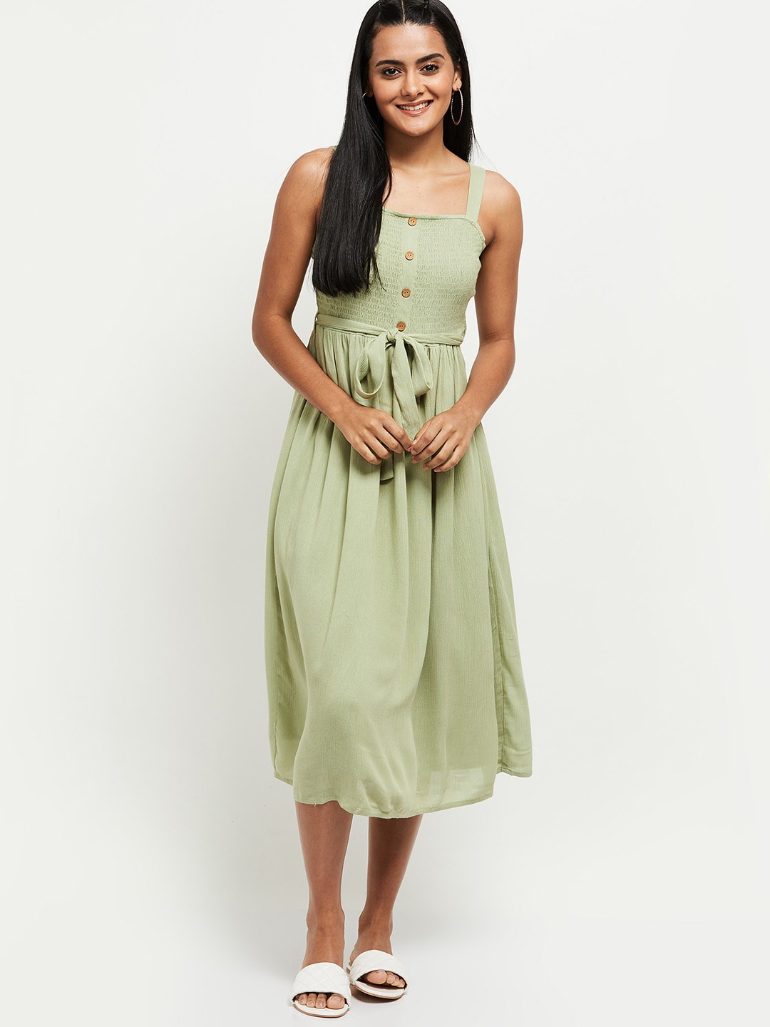 

max Green Smoked Detail Square Neck Midi Dress