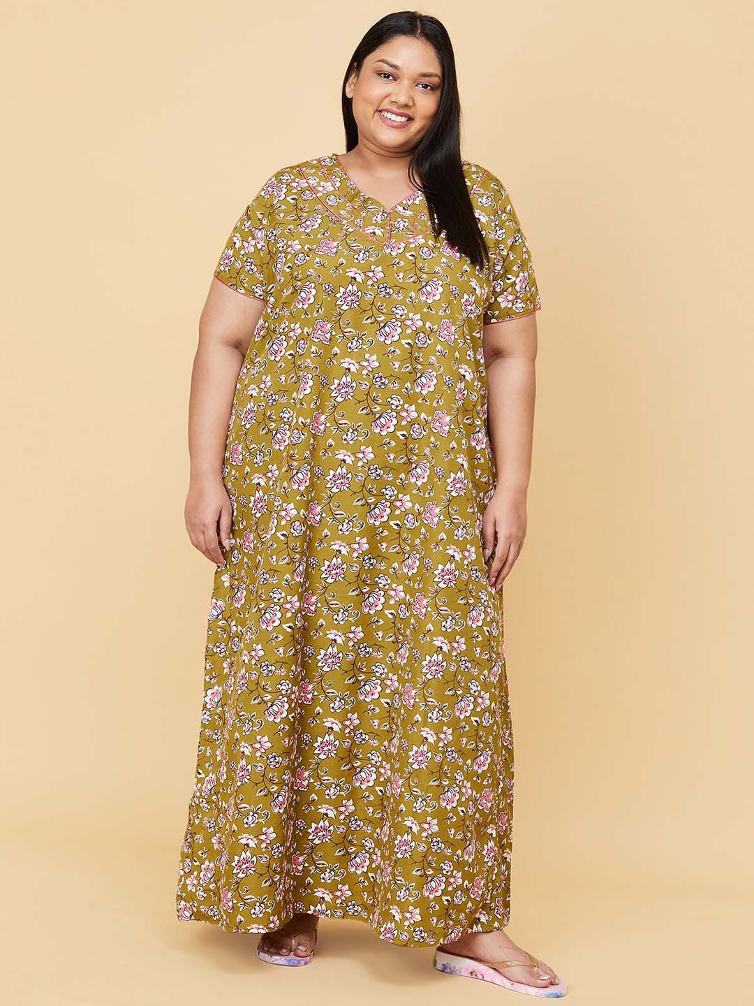

max Women Plus Size Olive Green Floral Printed Maxi Dress