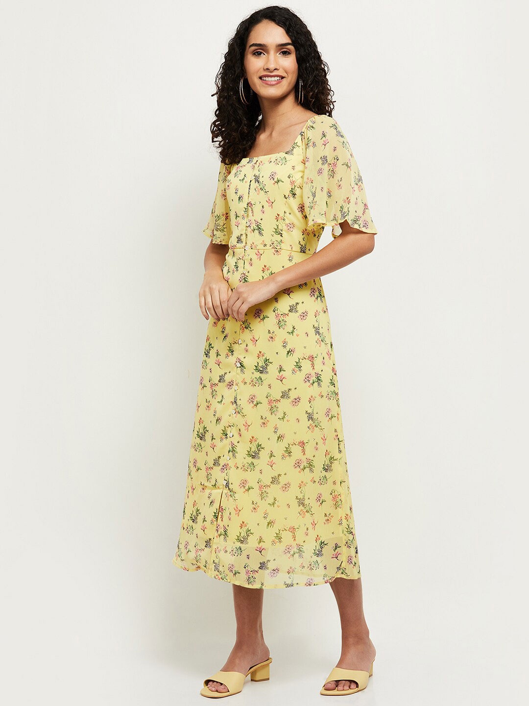 

max women's Yellow Floral A-Line Midi Dress