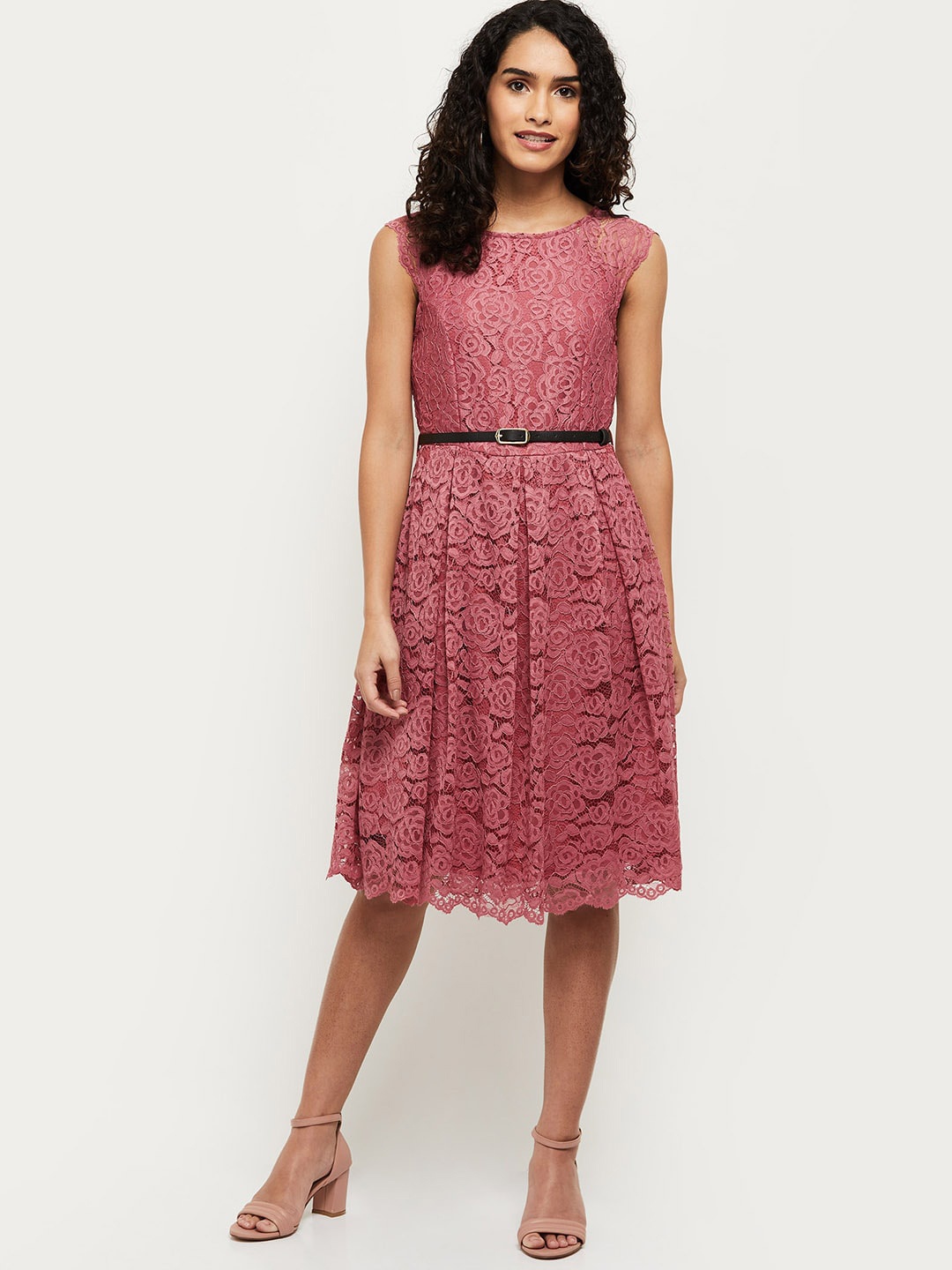 

max Women Pink Fit and Flare Round Neck Dress