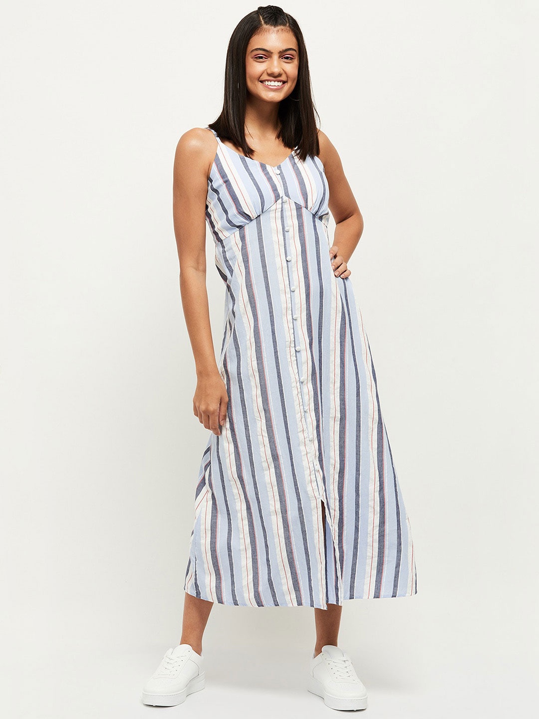 

max Women White & Grey Striped Shoulder Strap Midi Dress
