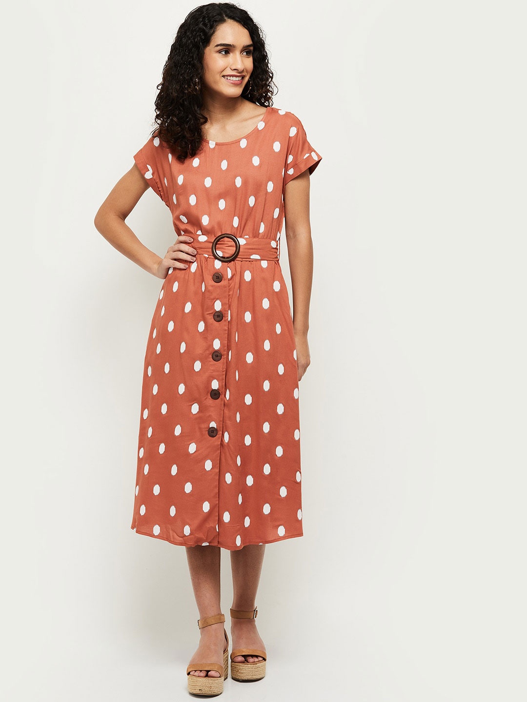 

max Rust & White Printed Midi Dress
