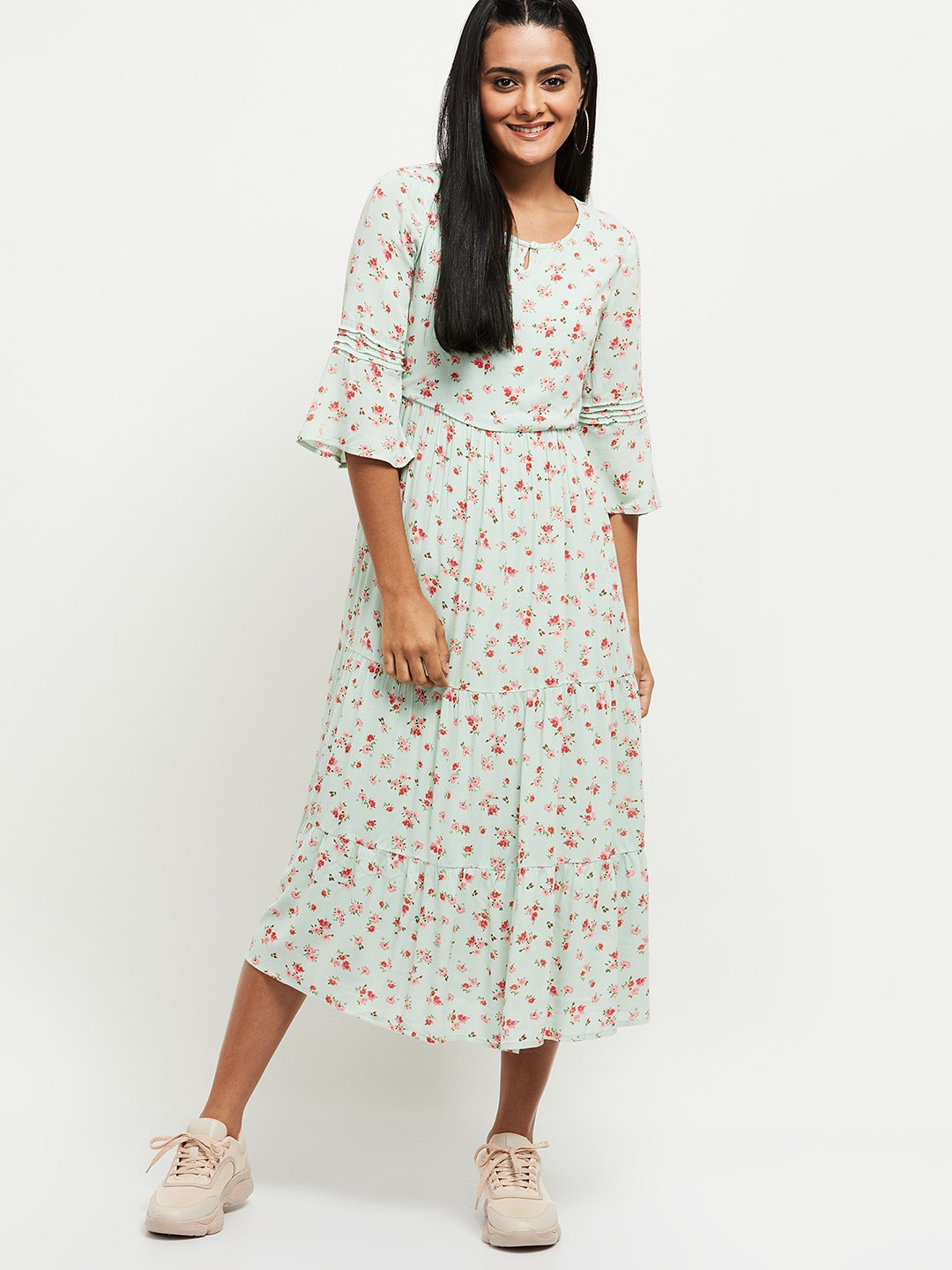

max Women's Green & Red Floral Keyhole Neck Midi Dress