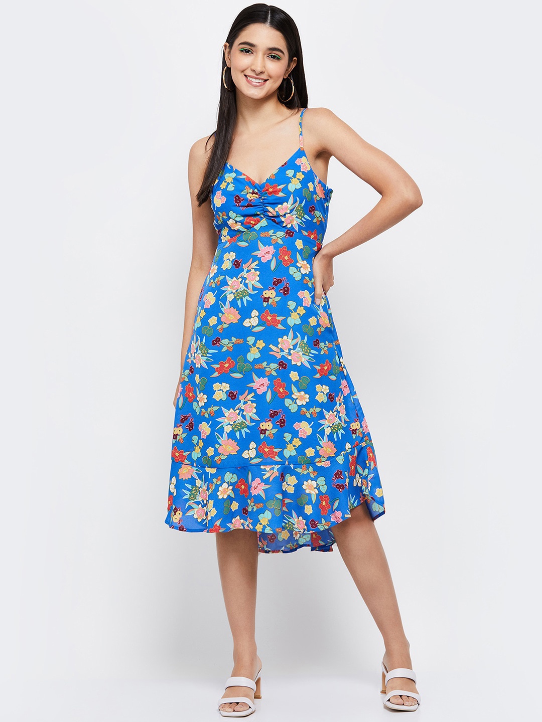 

max Blue Floral Printed A-Line Midi Dress