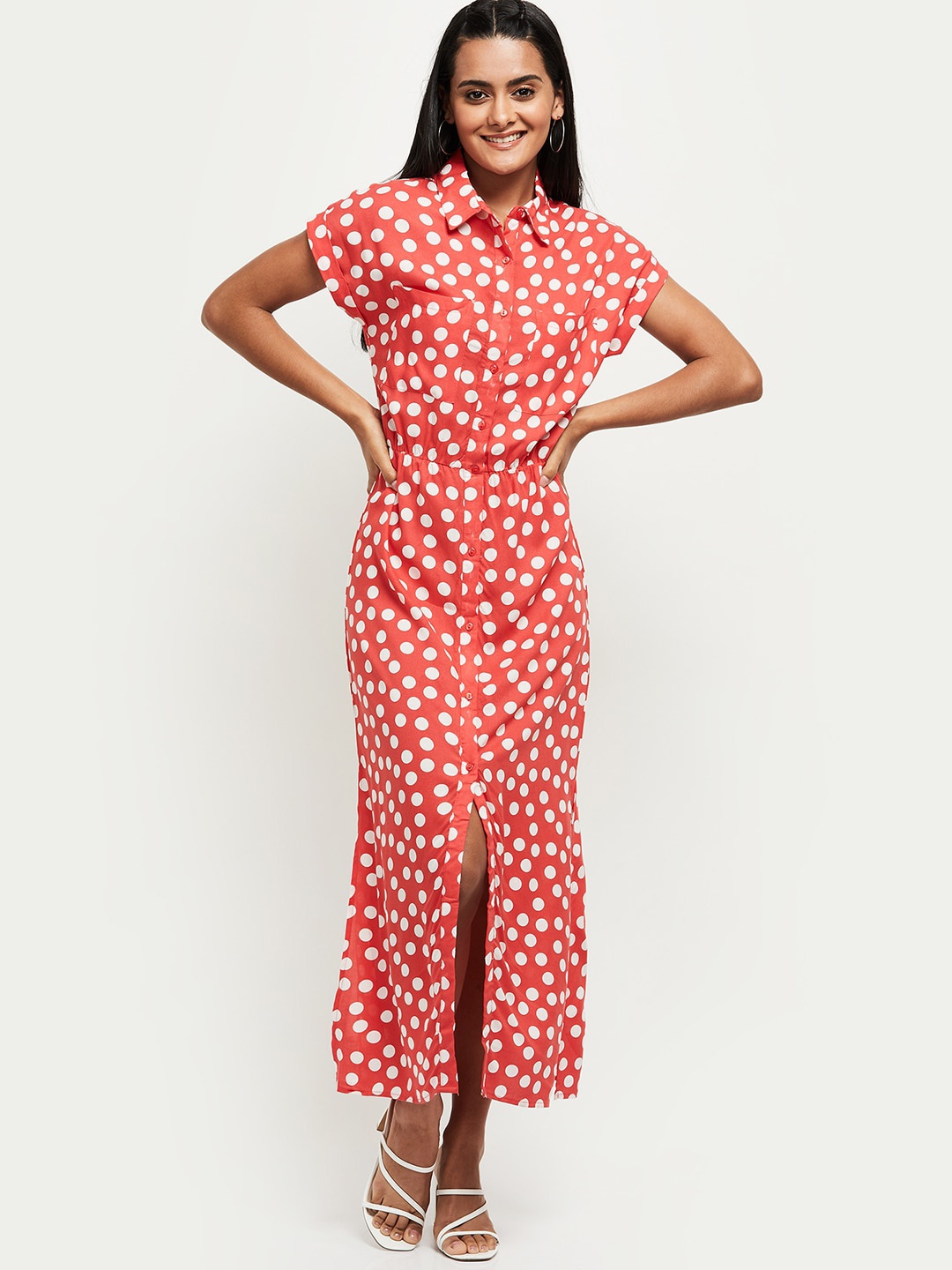 

max Red & White Polka Dots Printed Shirt Style Maxi Dress