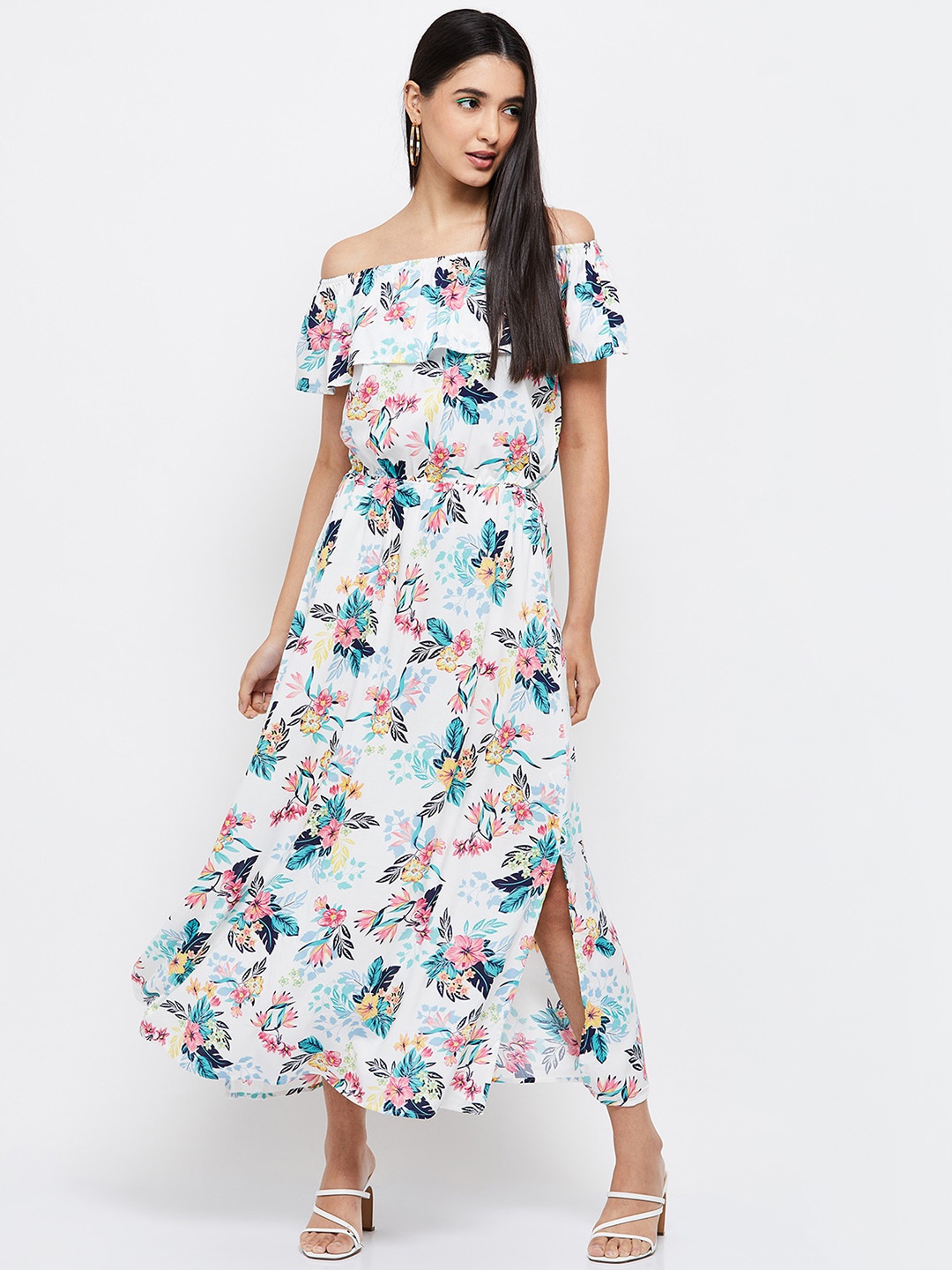 

max Women White & Blue Floral Off-Shoulder A-Line Maxi Dress