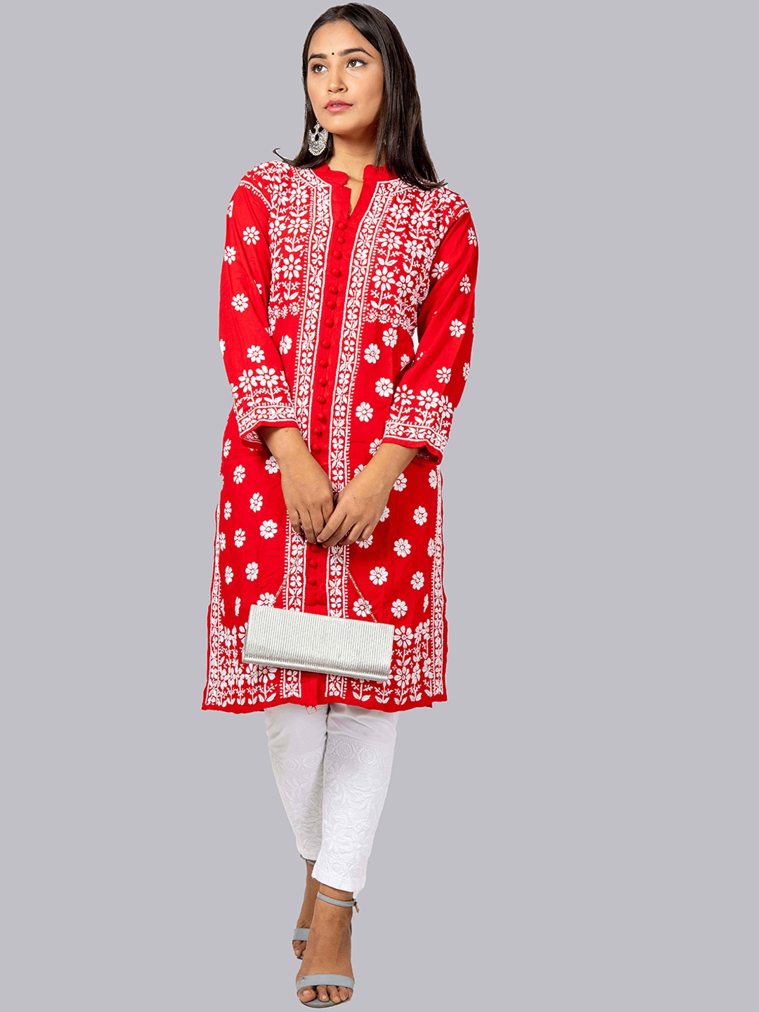 

FAWOMENT Women Red & White Floral Lucknowi Chikankari Kurta