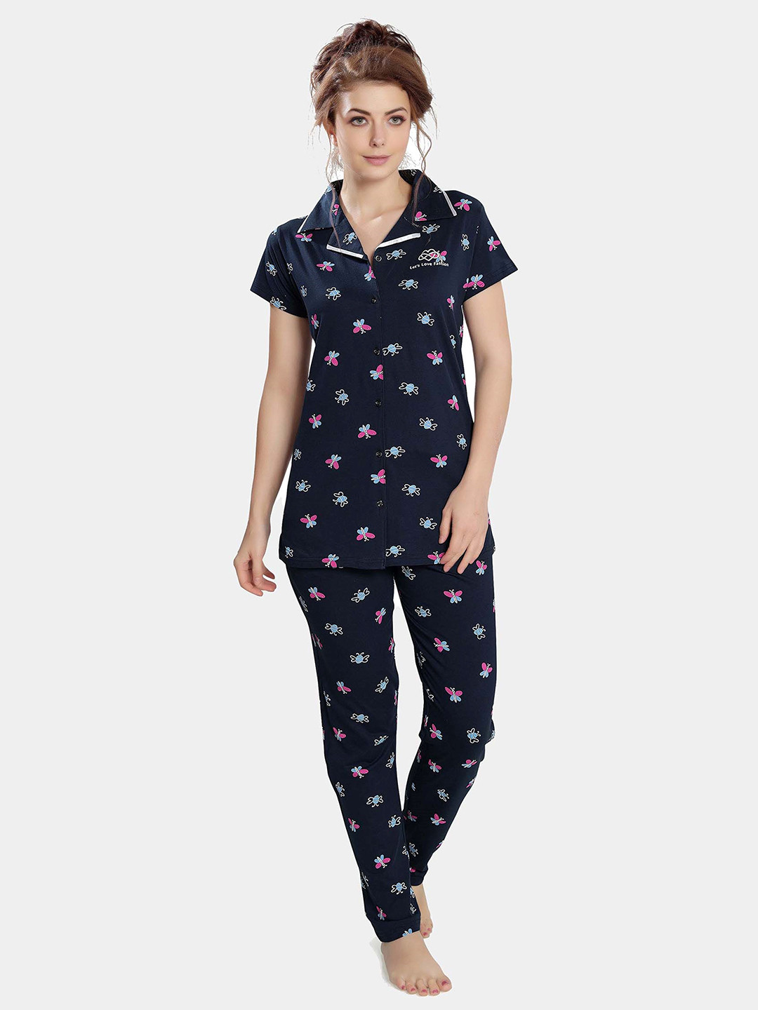 

Ever Loved Women Navy Blue & Pink Conversational Printed Pure Cotton Night Suit