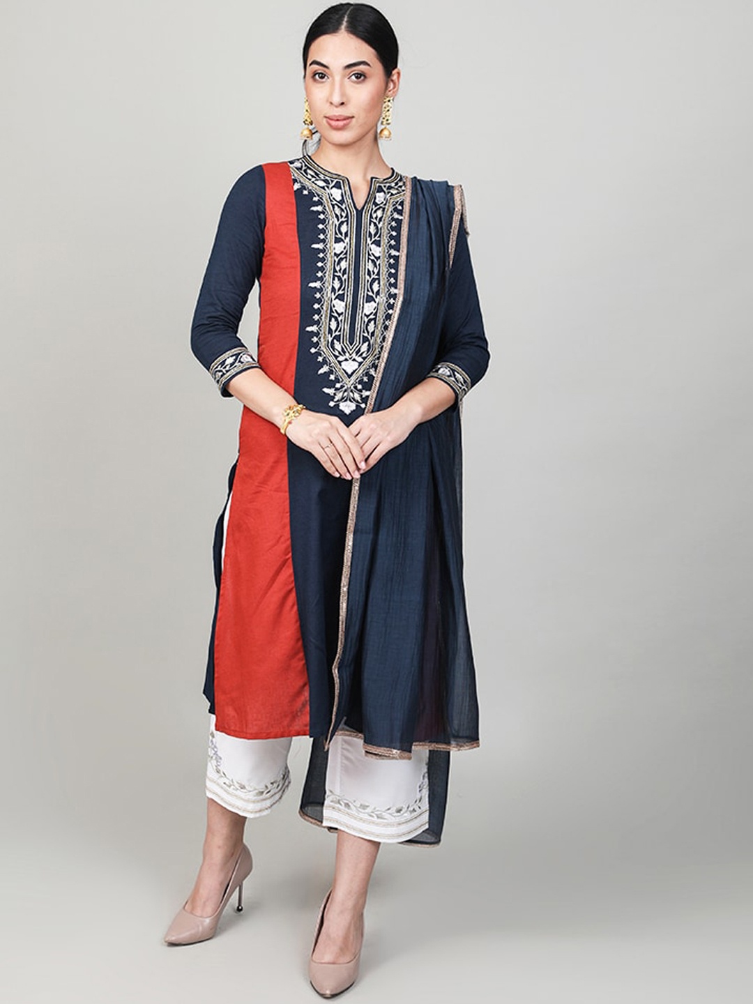 

BARARA ETHNIC Women Red Floral Embroidered Panelled Pure Cotton Kurta with Palazzos & With Dupatta