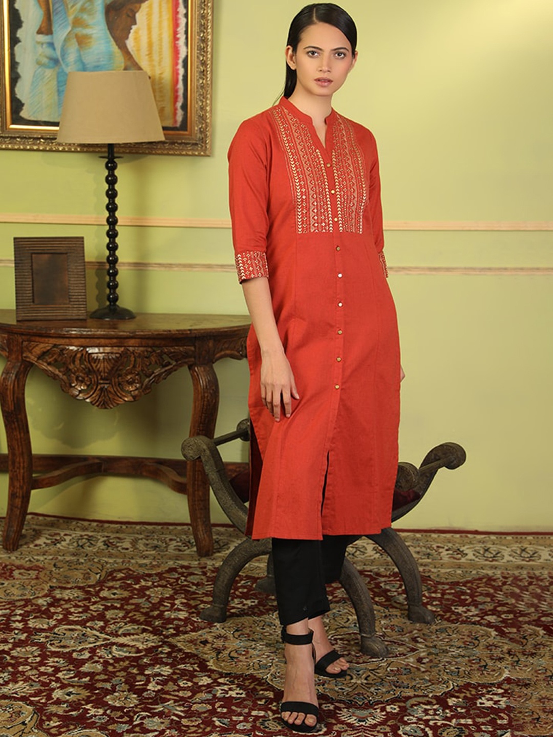 

BARARA ETHNIC Women Yoke Design Pure Cotton Kurta, Red