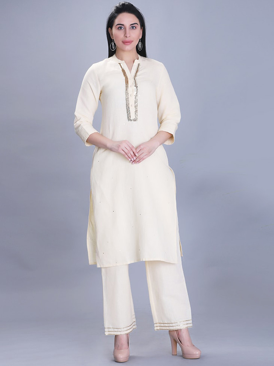 

BARARA ETHNIC Women Cream-Coloured Pure Cotton Kurta with Trousers