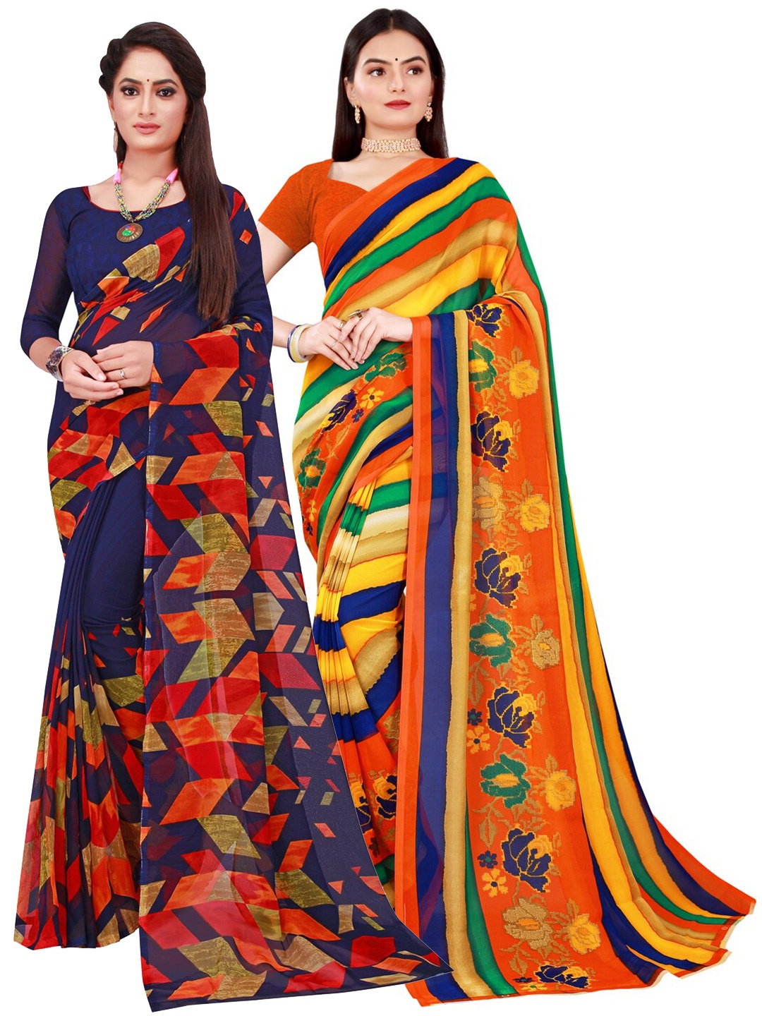 SAADHVI Pack Of 2 Navy Blue & Yellow Printed Pure Georgette Saree