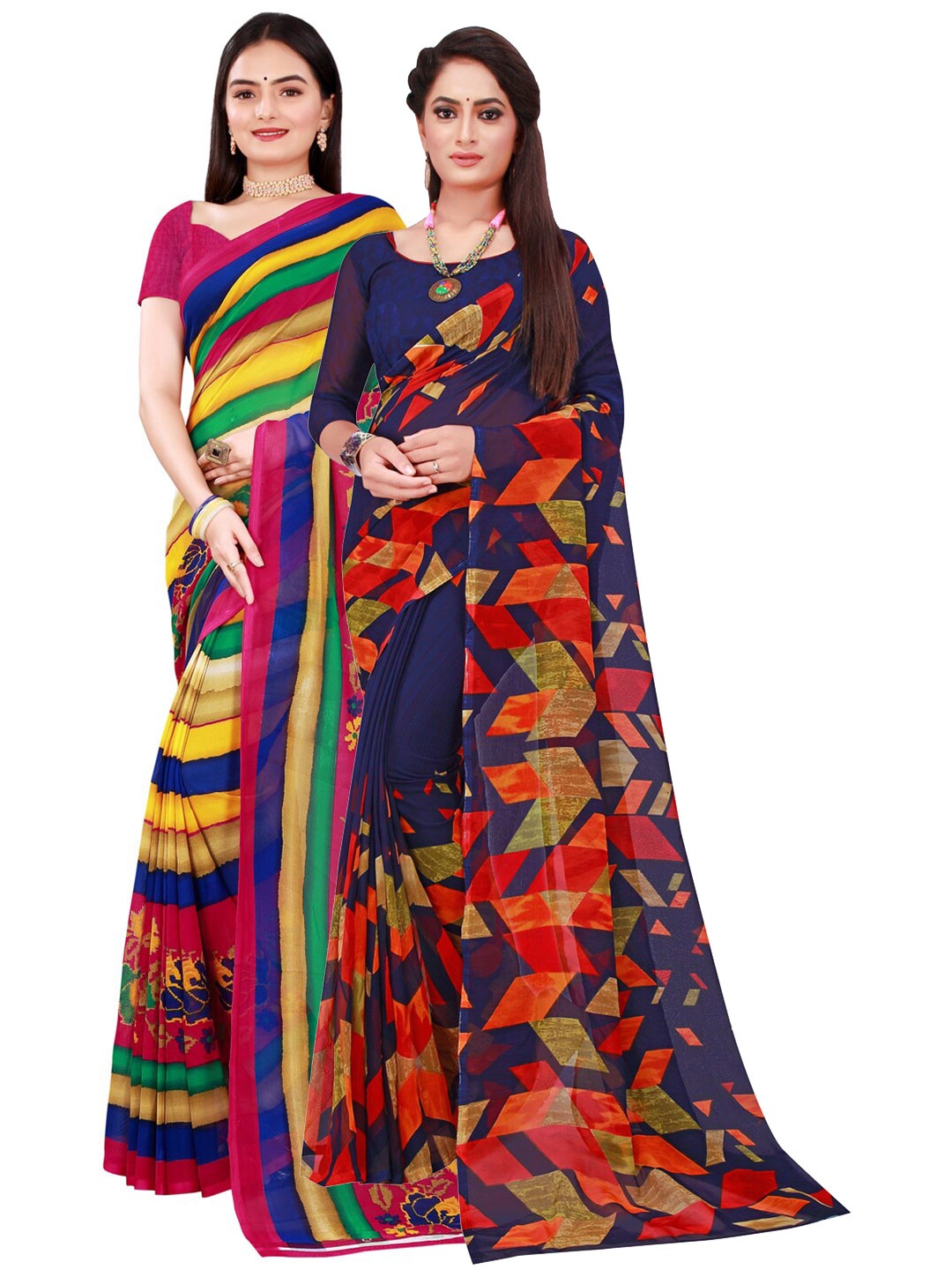 SAADHVI Pack Of 2 Navy Blue & Magenta Pure Georgette Saree