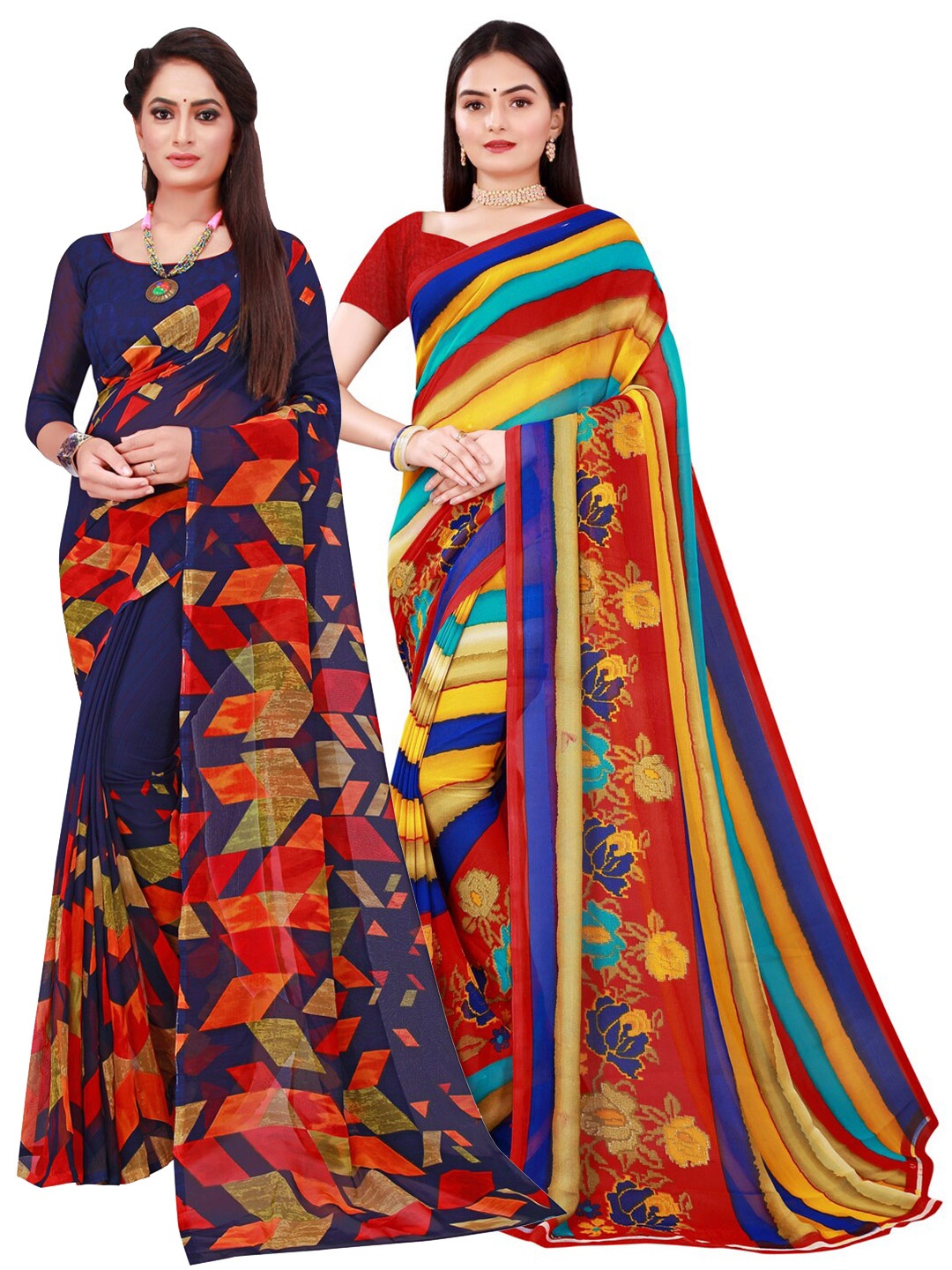 

SAADHVI Navy Blue & Yellow Set Of 2 Printed Pure Georgette Saree