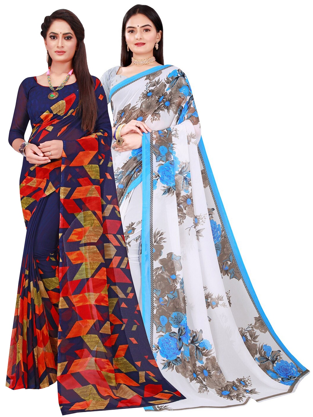 

SAADHVI Navy Blue & White Pure Georgette Printed Saree Pack Of 2