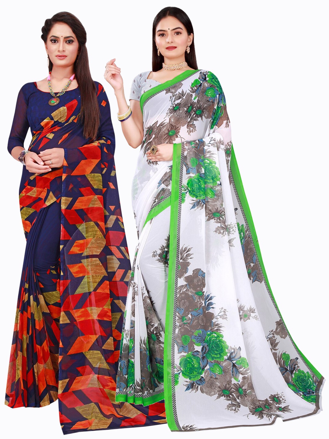 

SAADHVI Navy Blue & White Pure Georgette Saree