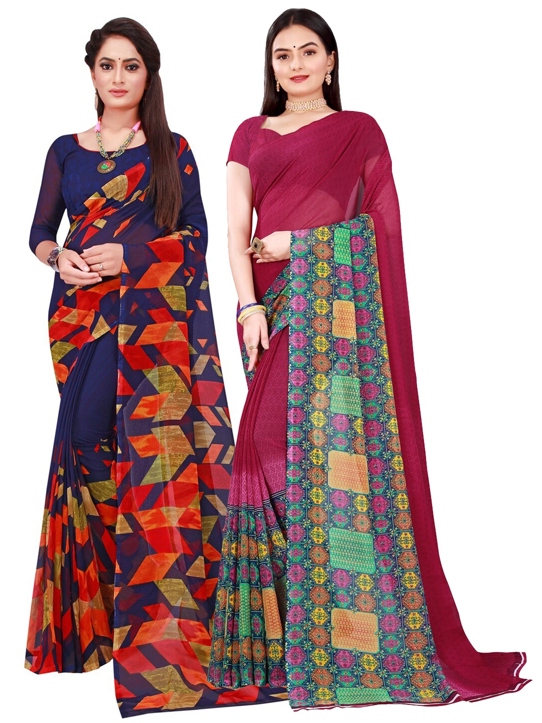

SAADHVI Pack of 2 Navy Blue & Magenta Pure Georgette Sarees