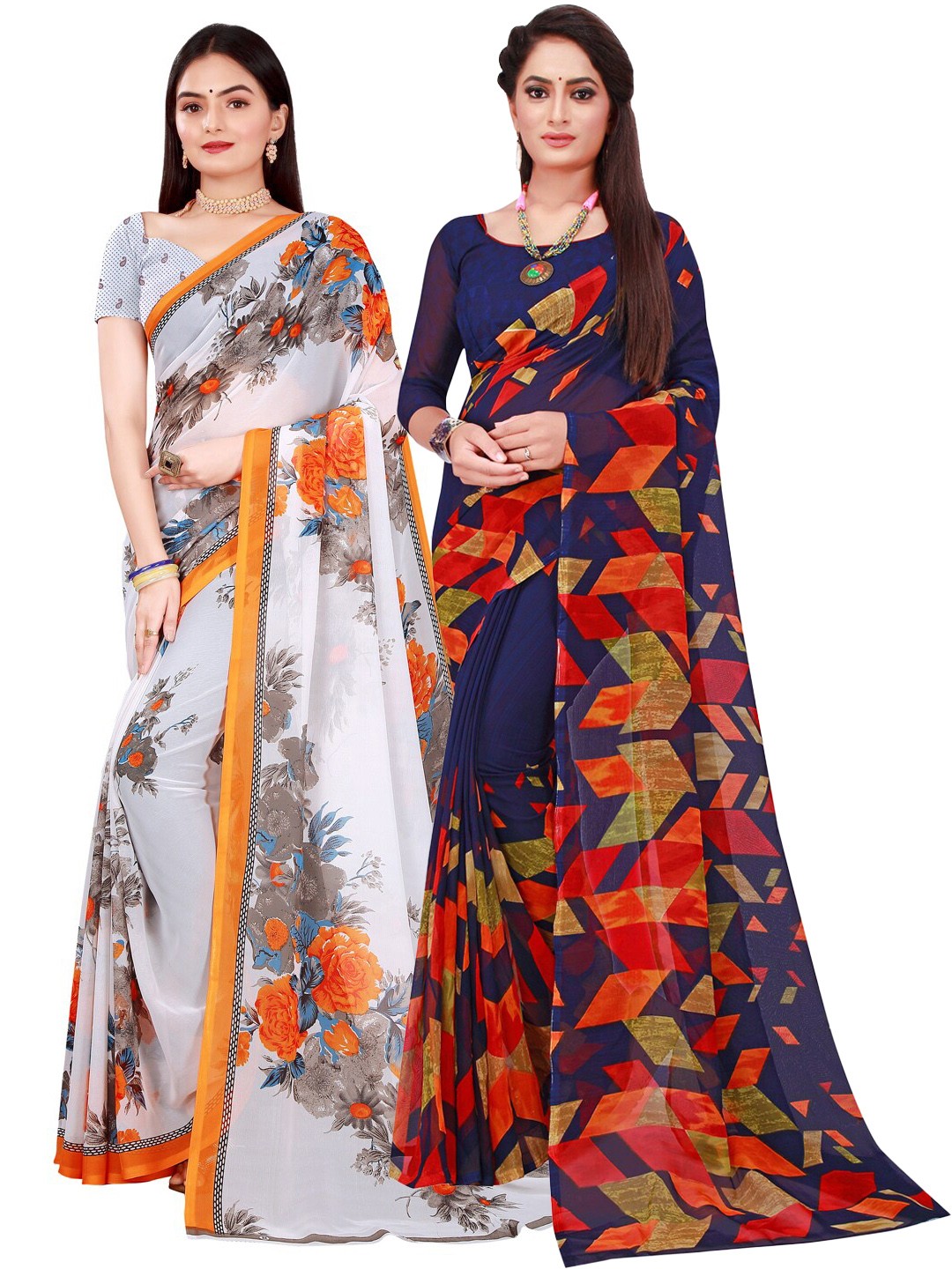 

SAADHVI Pack of 2 Printed Pure Georgette Sarees, Navy blue