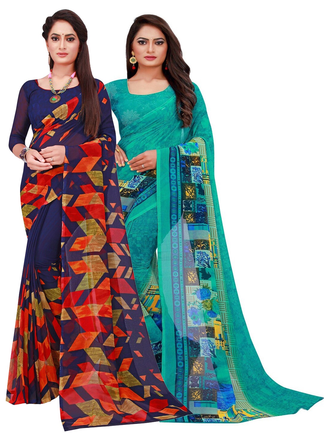 

SAADHVI Pack Of 2 Navy Blue & Teal Printed Pure Georgette Saree