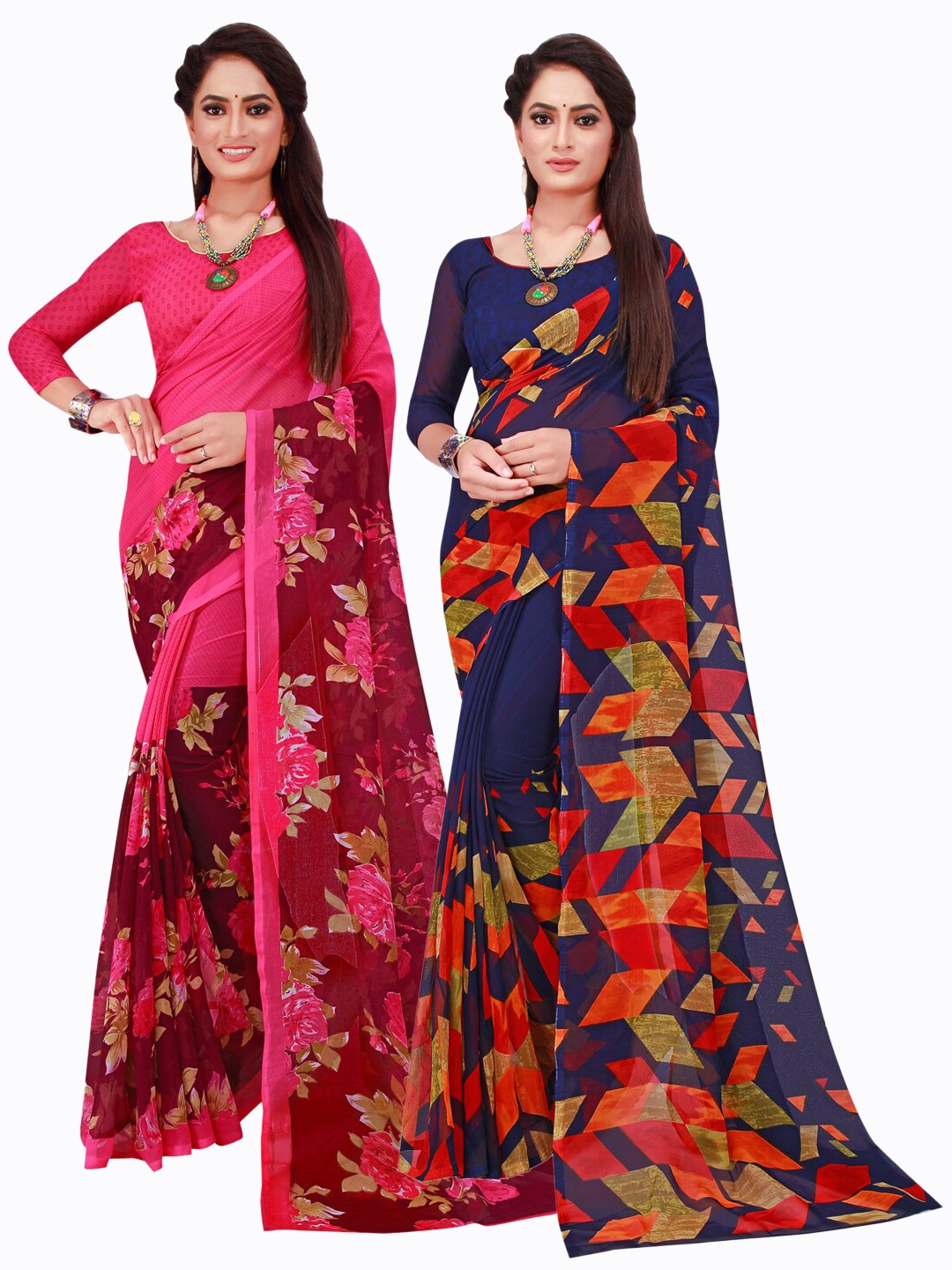 

SAADHVI Pack Of 2 Navy Blue & Pink Pure Georgette Saree