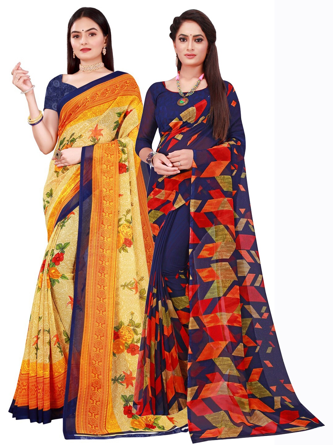 

SAADHVI Set Of 2 Navy Blue & Yellow Floral Pure Georgette Saree