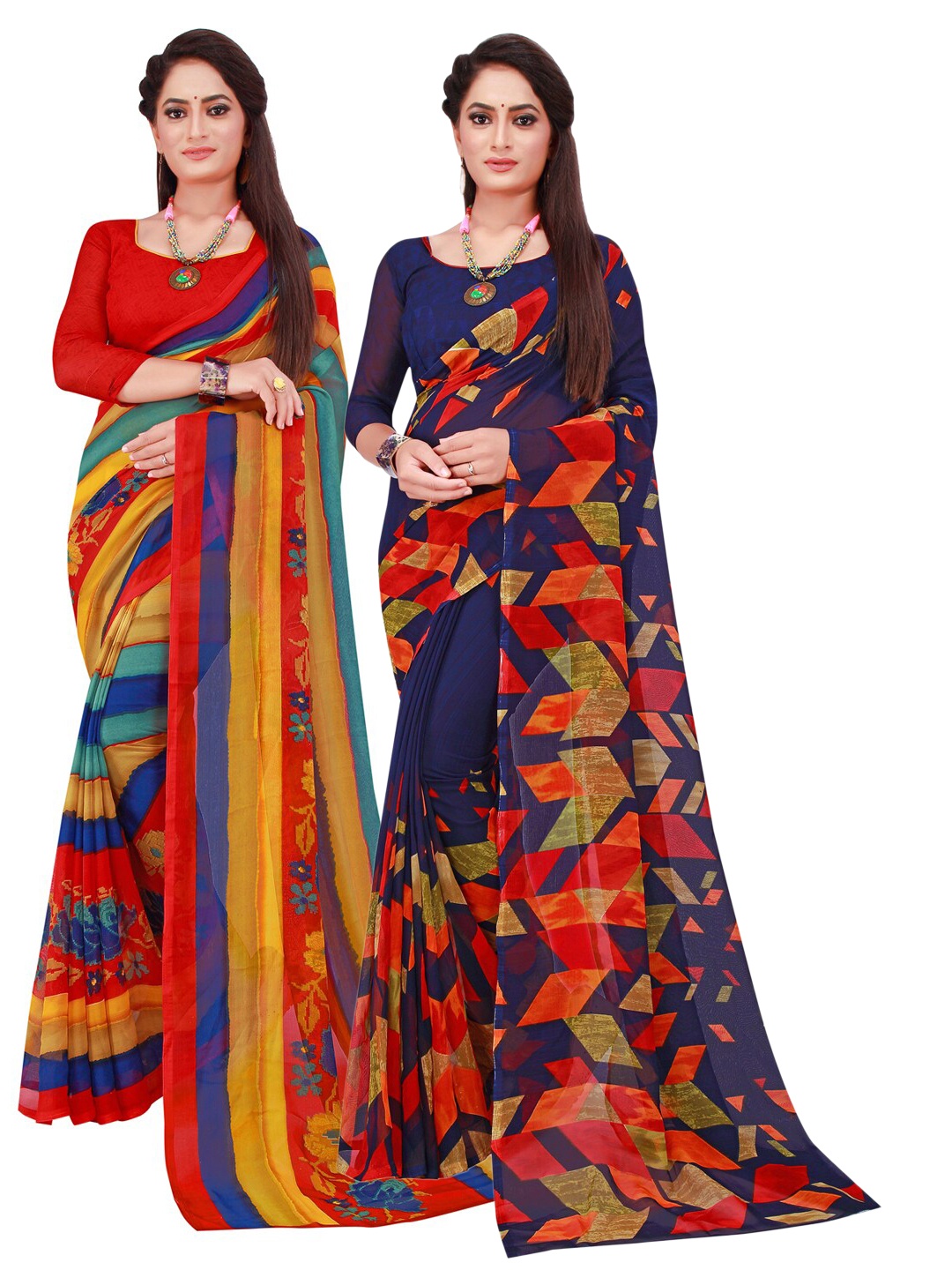 

SAADHVI Pack Of 2 Navy Blue & Red Printed Pure Georgette Saree