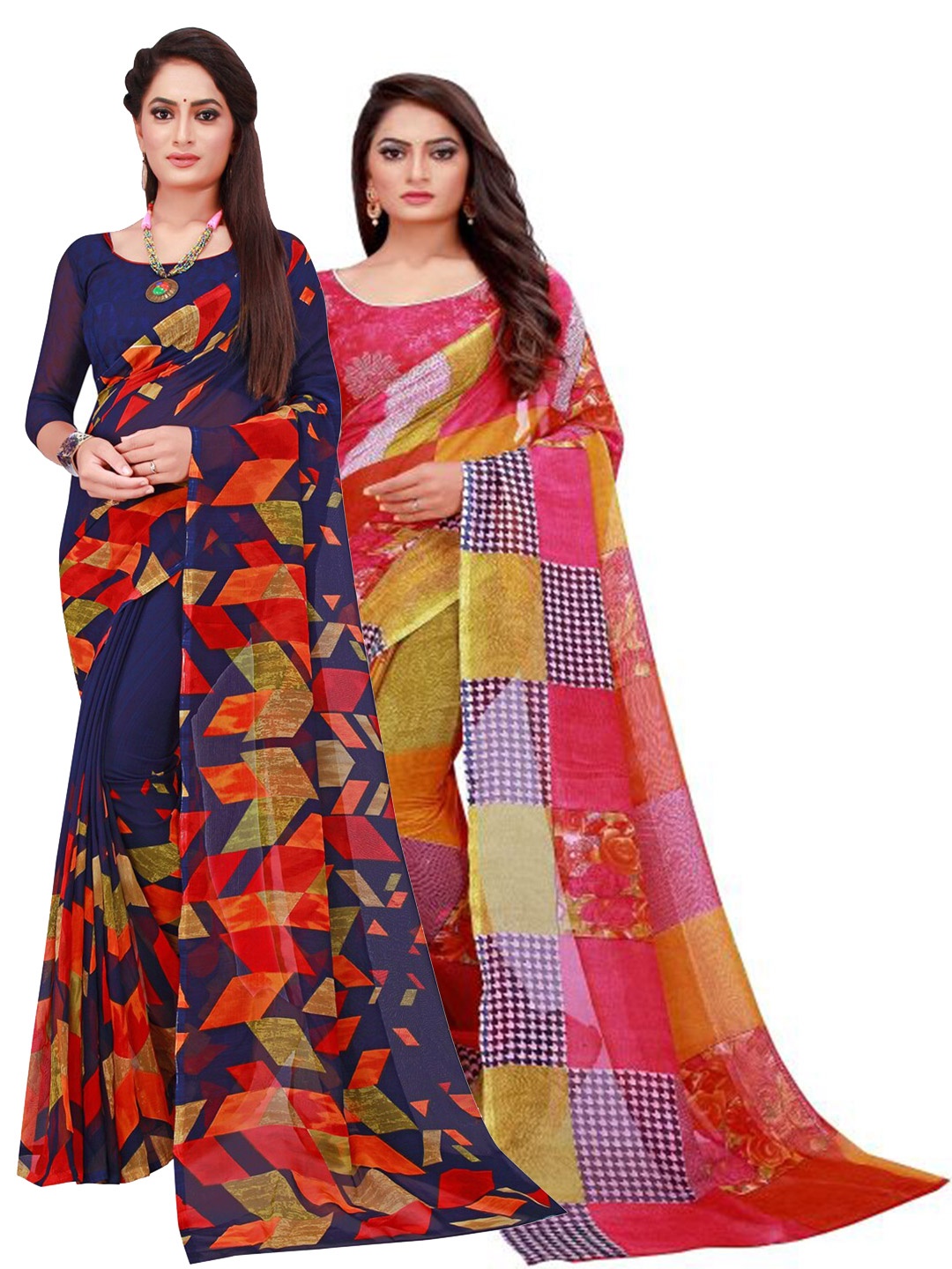 

SAADHVI Set Of 2 Navy Blue & Red Printed Pure Georgette Saree