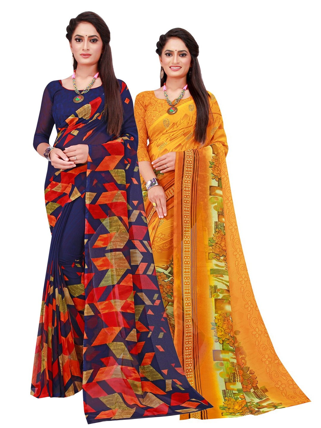 

SAADHVI Navy Blue & Yellow Set Of 2 Printed Pure Georgette Saree