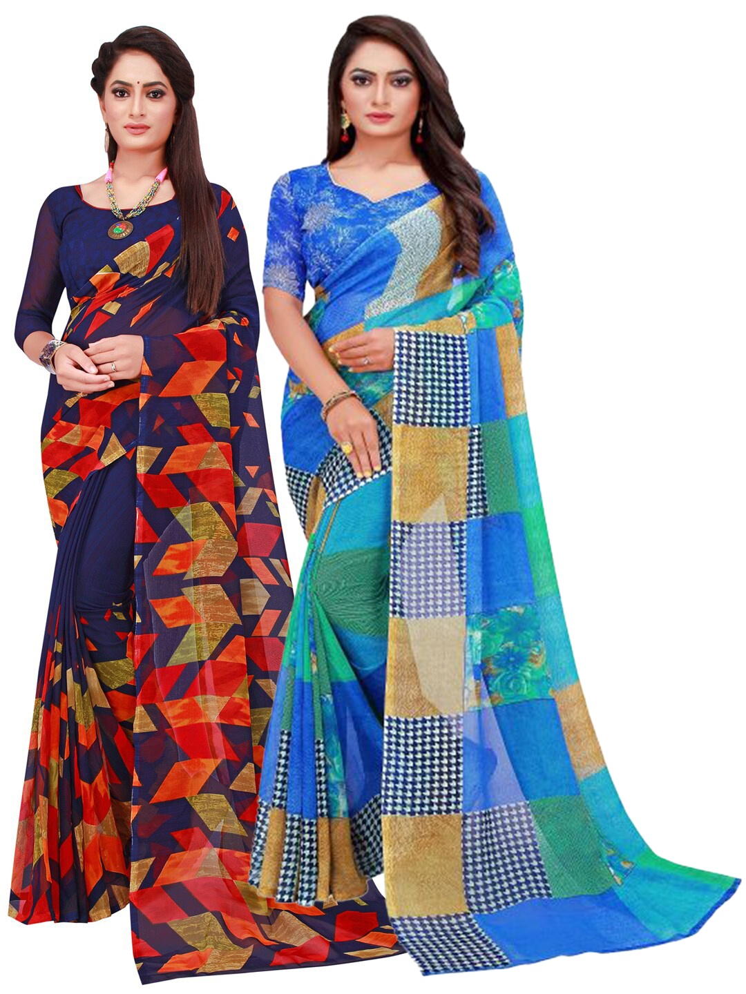 

SAADHVI Navy Blue & Blue Set of 2 Floral Printed Pure Georgette Saree