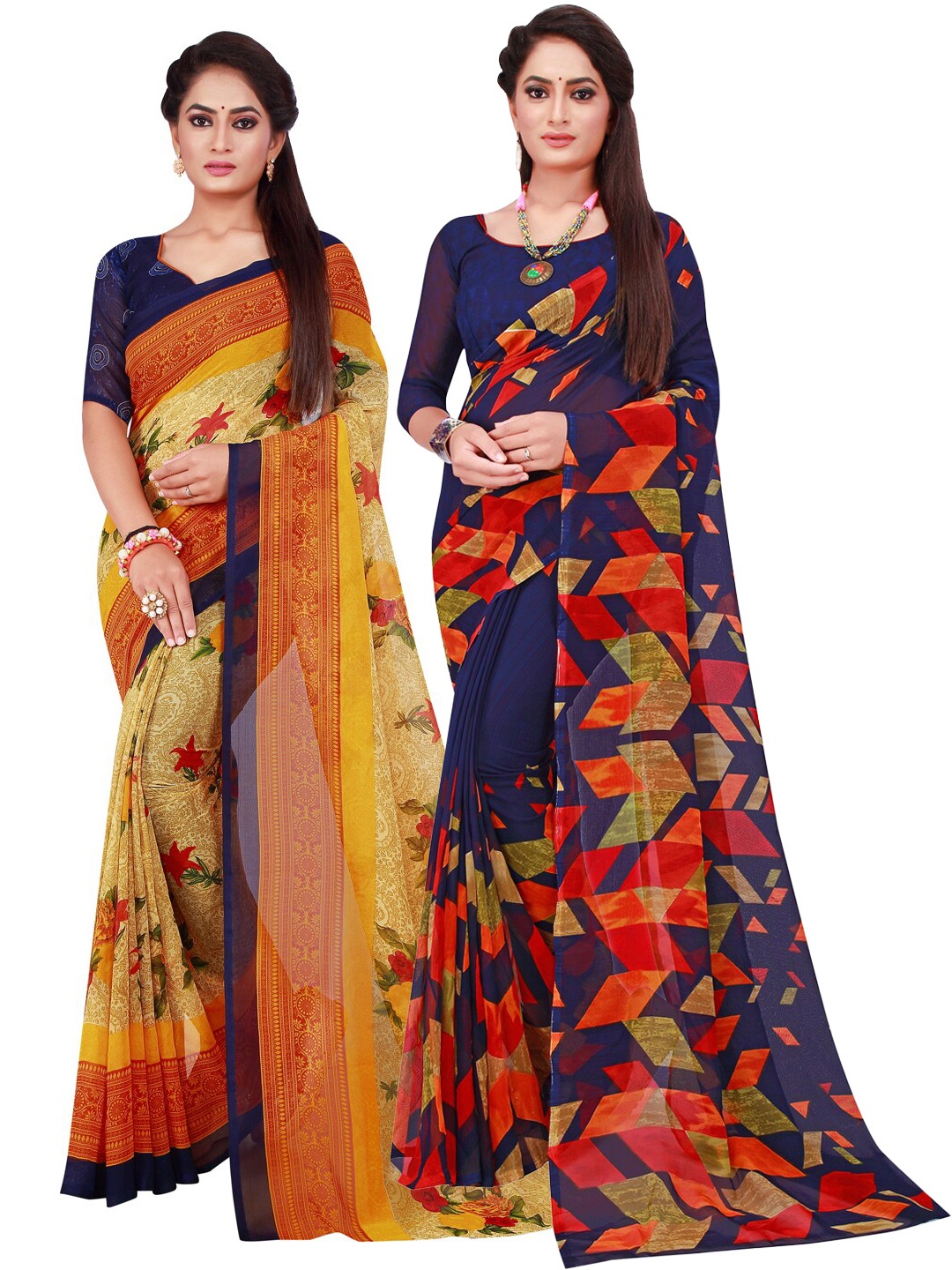 SAADHVI Navy Blue & Yellow Pure Georgette Saree