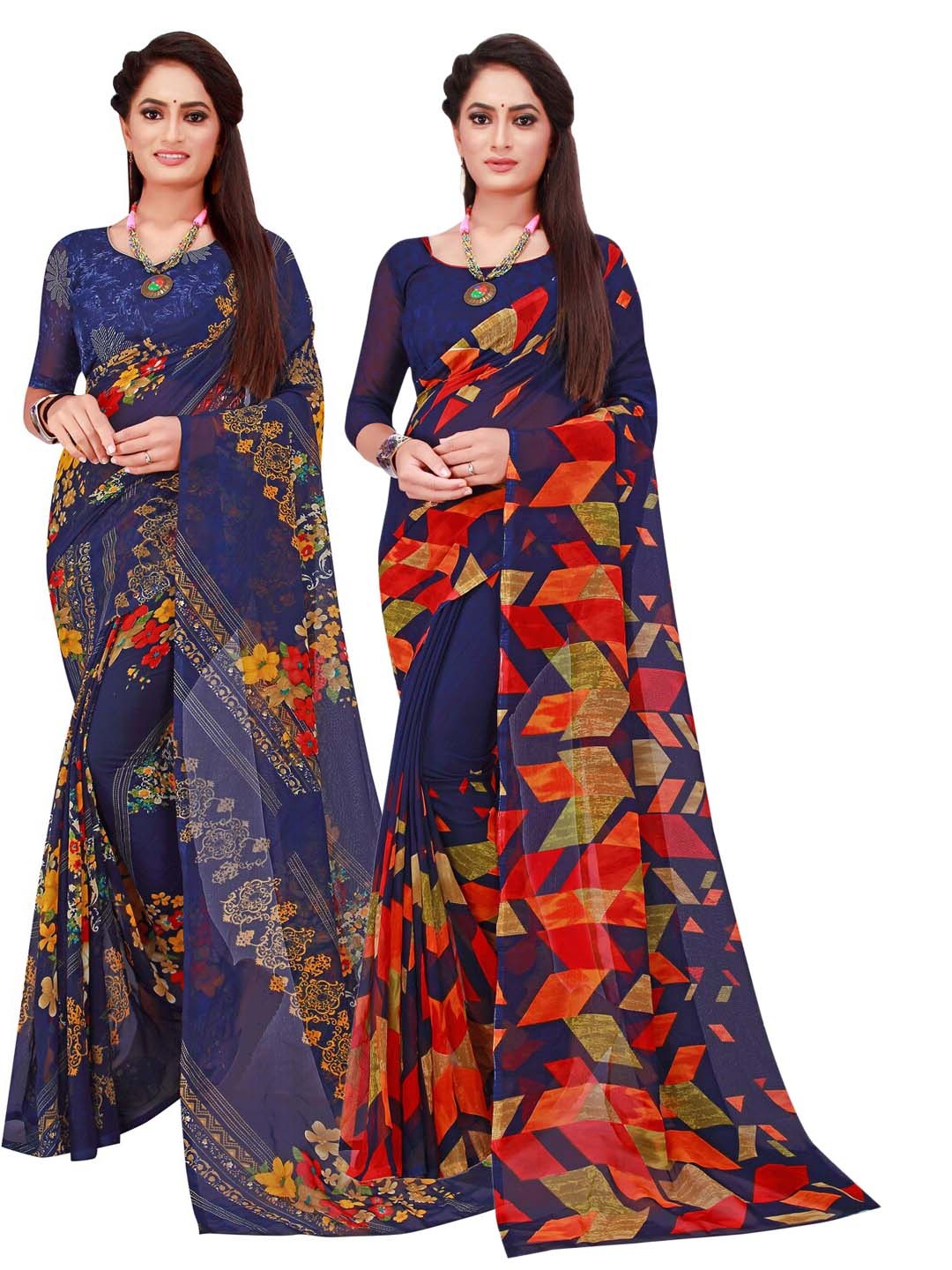 

SAADHVI Pack Of 2 Navy Blue & Yellow Pure Georgette Saree
