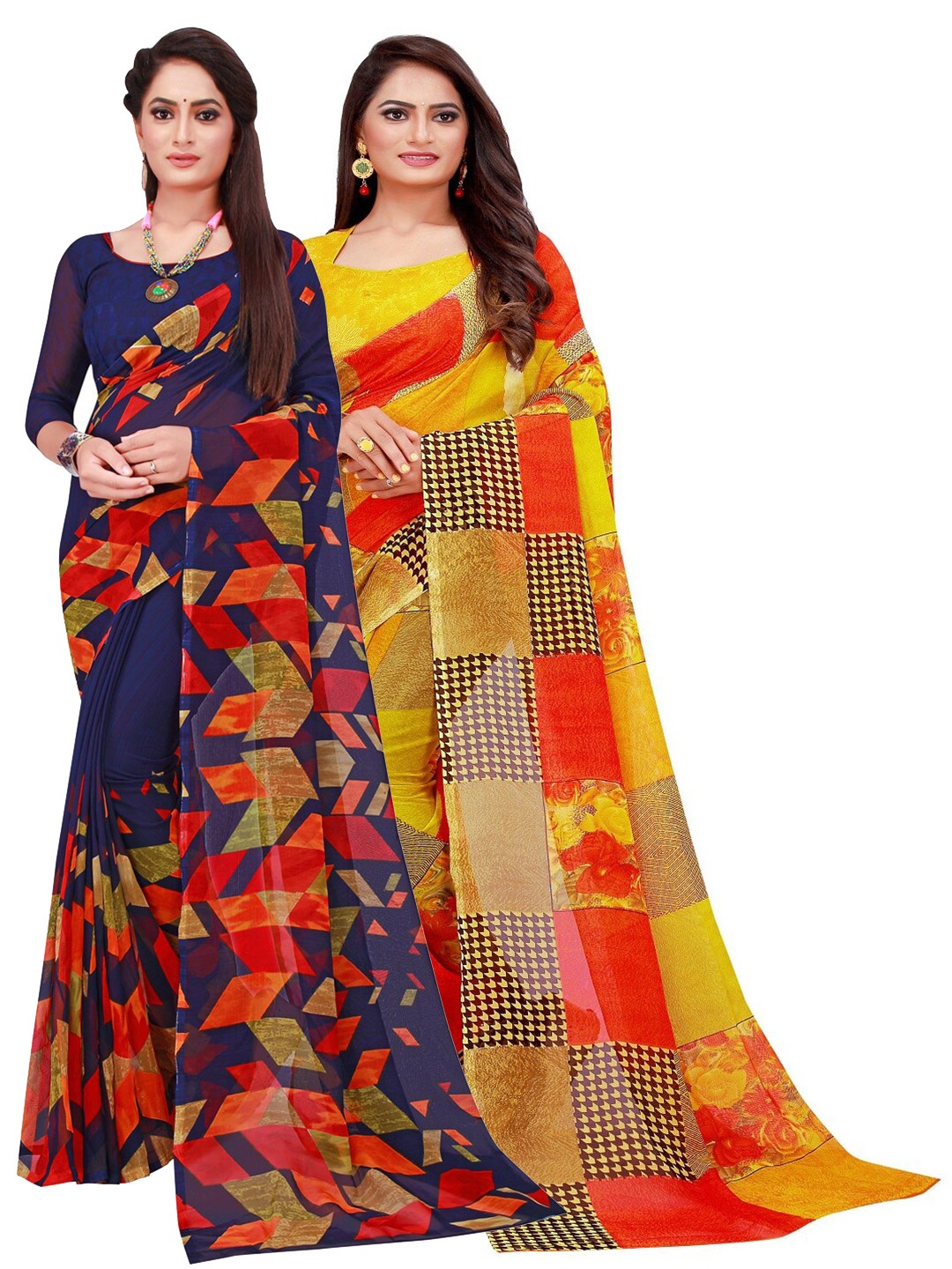 

SAADHVI Pack Of 2 Navy Blue & Yellow Floral Printed Pure Georgette Saree