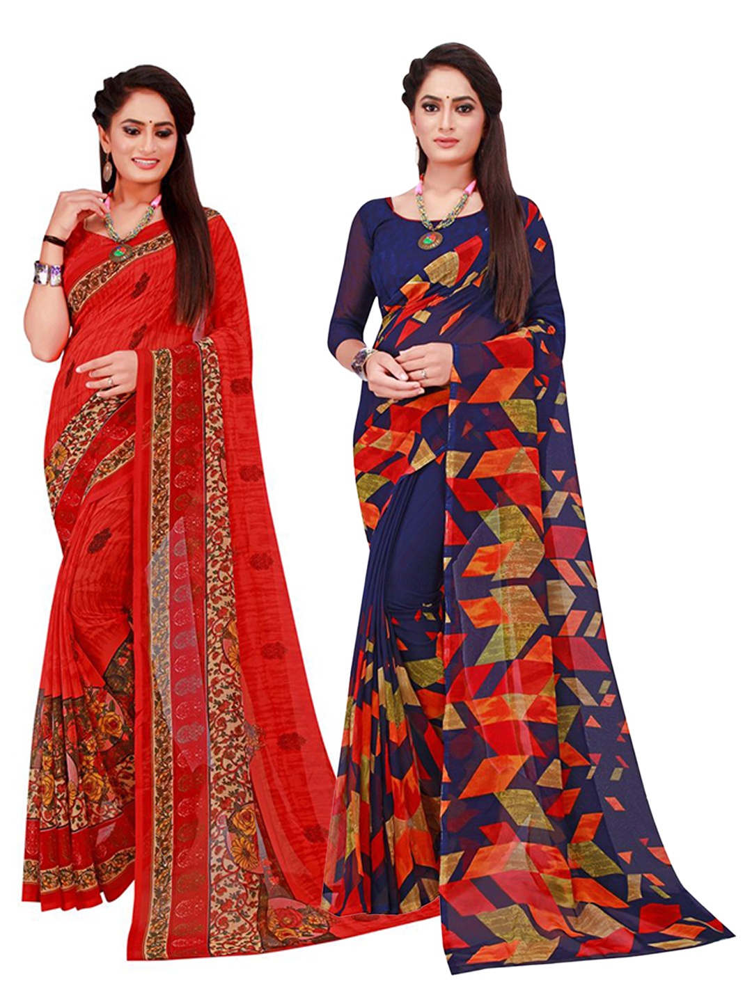 

SAADHVI Set Of 2 Navy Blue & Red Floral Pure Georgette Saree
