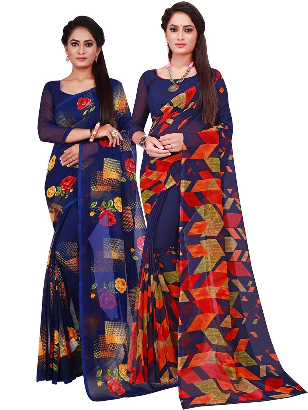 

SAADHVI Navy Blue & Red Set Of 2 Printed Pure Georgette Saree