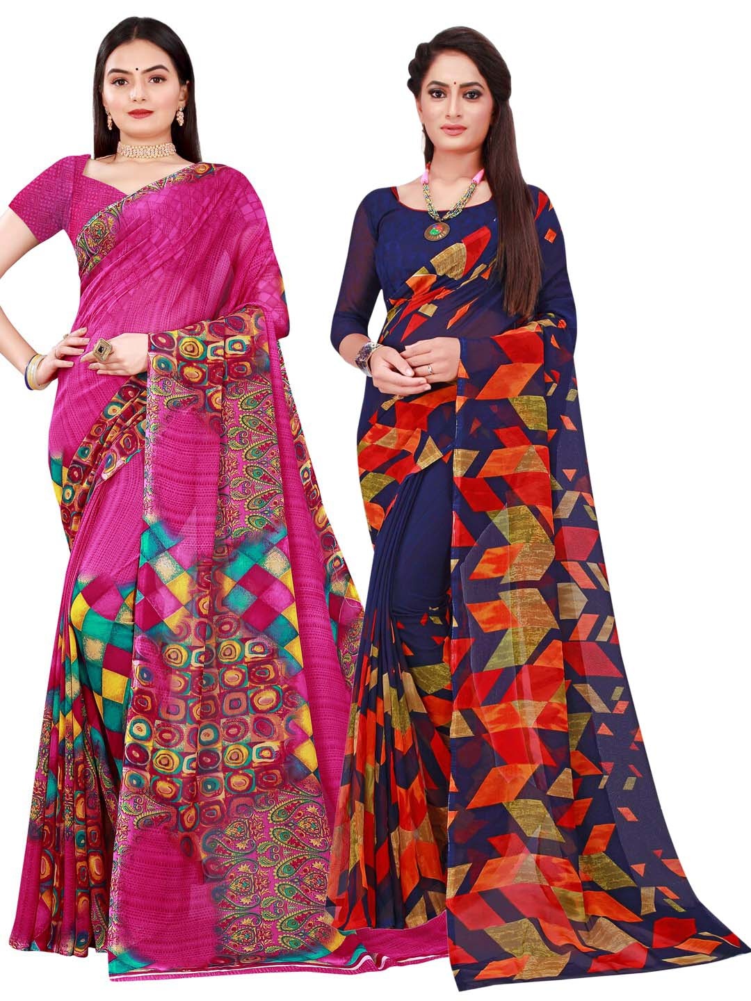 

SAADHVI Navy Blue & Pink Set Of 2 Printed Pure Georgette Saree