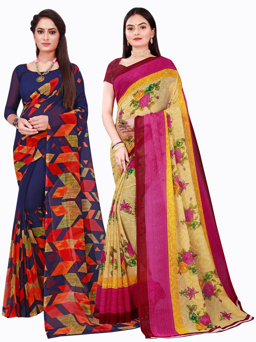 

SAADHVI Set Of 2 Navy Blue & Beige Floral Pure Georgette Saree