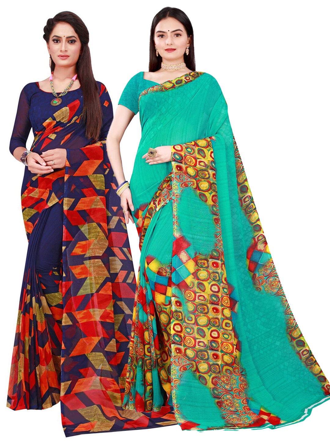 

SAADHVI Navy Blue & Green Pure Georgette Saree