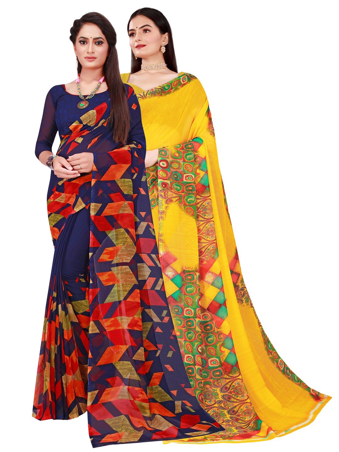 

SAADHVI Navy Blue & Yellow Pure Georgette Printed Saree Pack Of 2