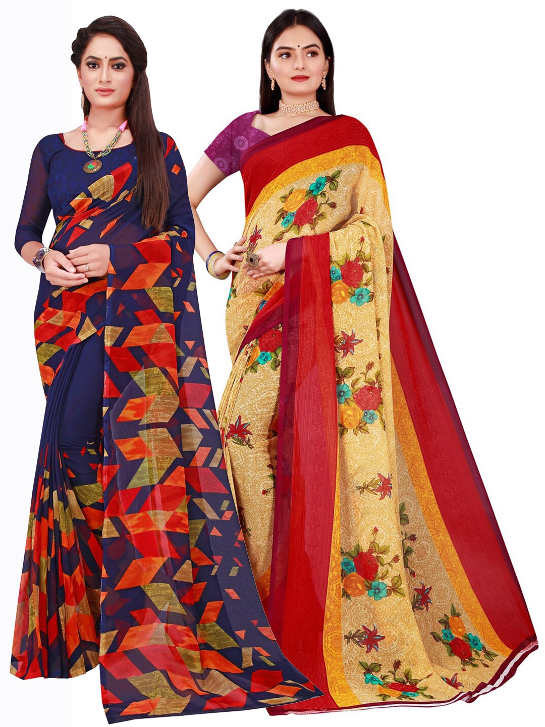 SAADHVI Pack of 2 Navy Blue & Yellow Pure Georgette Sarees